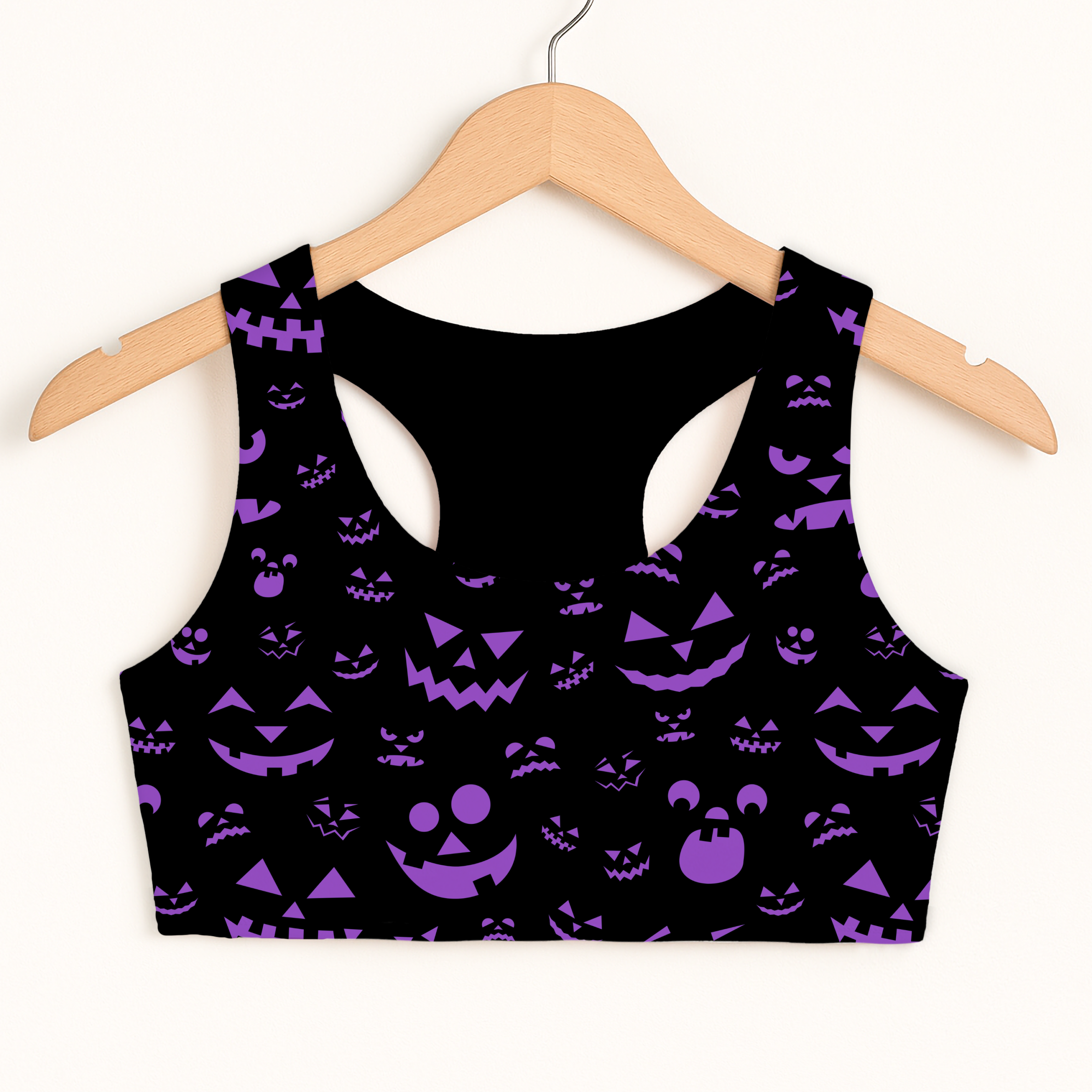 Girls purple jack o lantern faces halloween sports bra black crop top with quick drying double layered comfort