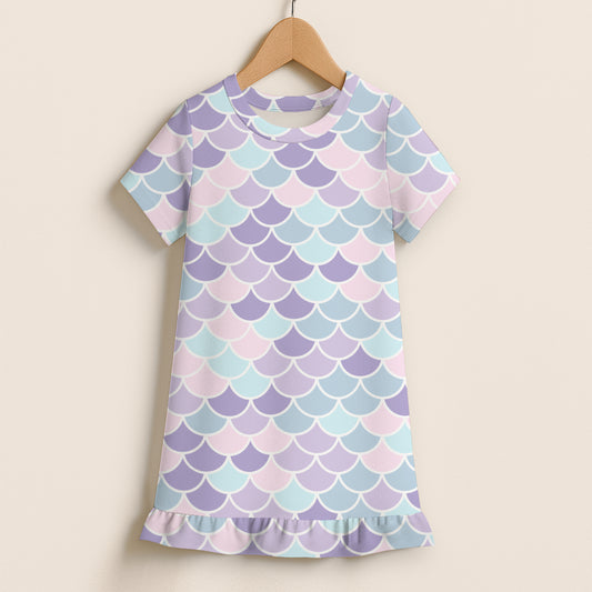 Girls Pastel Mermaid Scales Short Sleeve Ruffle Hem Dress