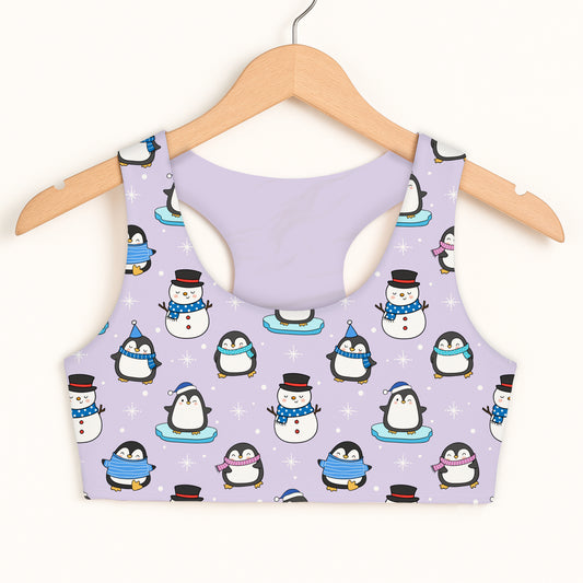 Girls Purple Penguin Sports Bra — Quick Drying, Double Layered Comfort