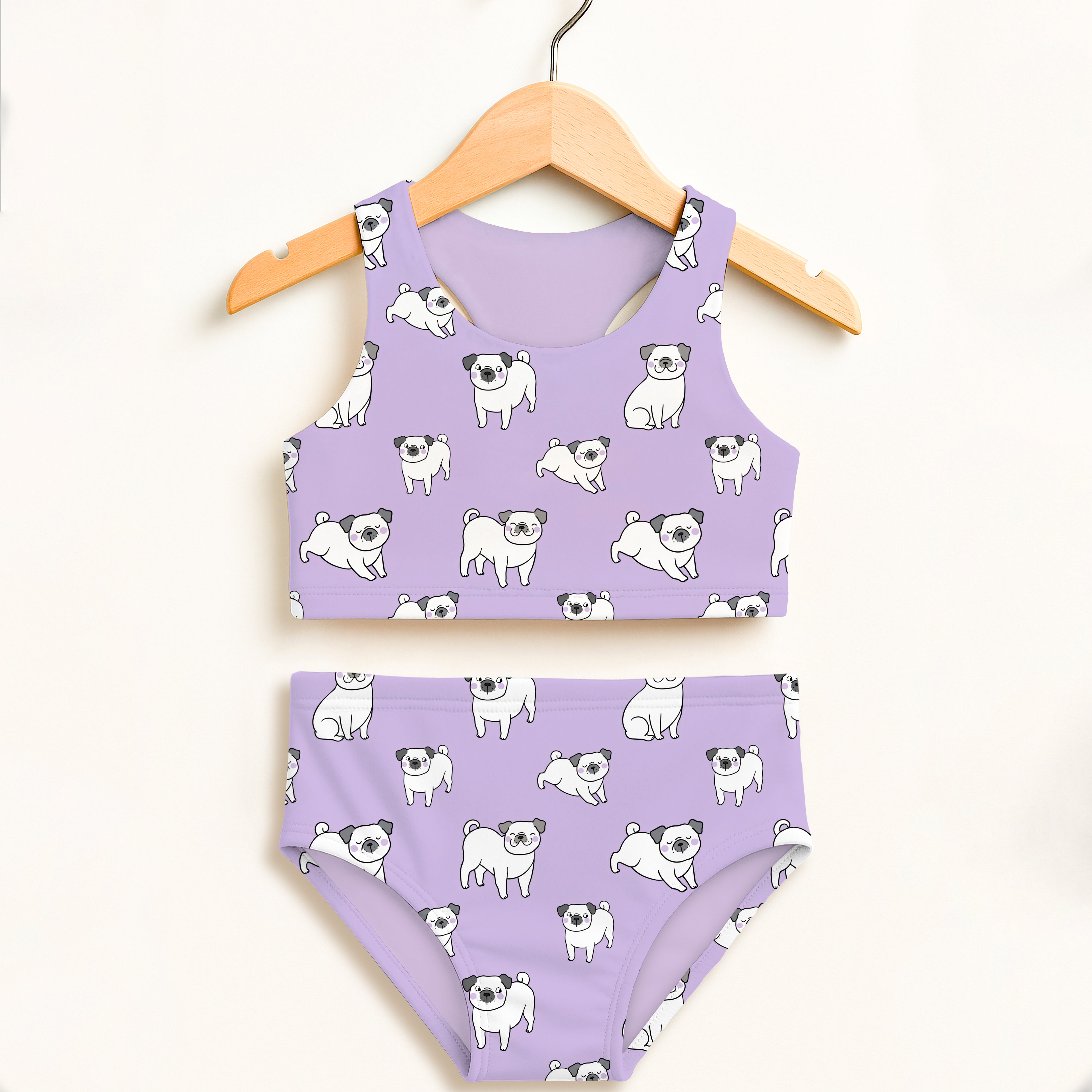 Girls purple pug two piece swimsuit with white cartoon pugs double layered UPF 50 plus high waisted comfort