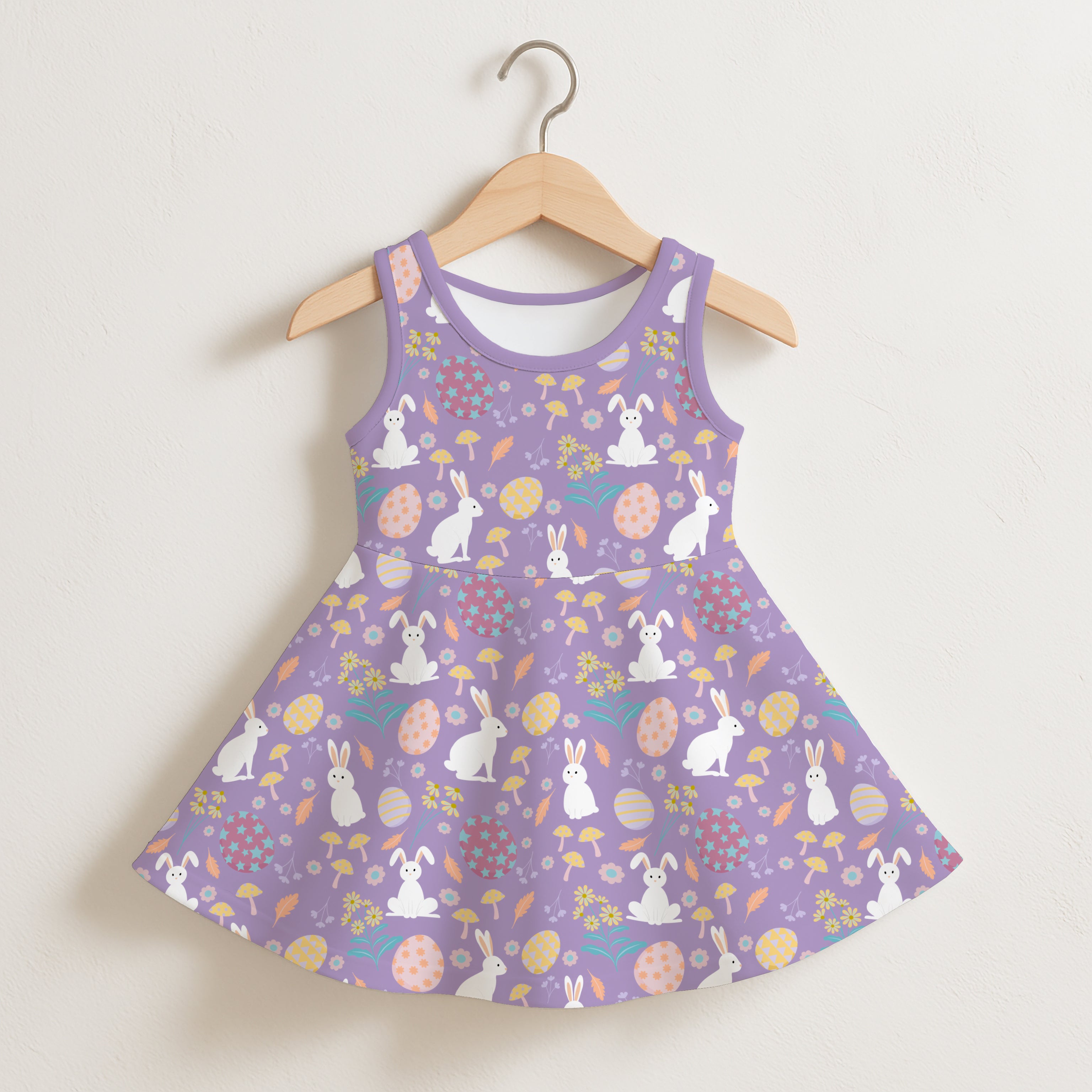 Girls purple sleeveless Easter bunny dress with flared skirt and playful pattern of white bunnies pastel eggs and flowers