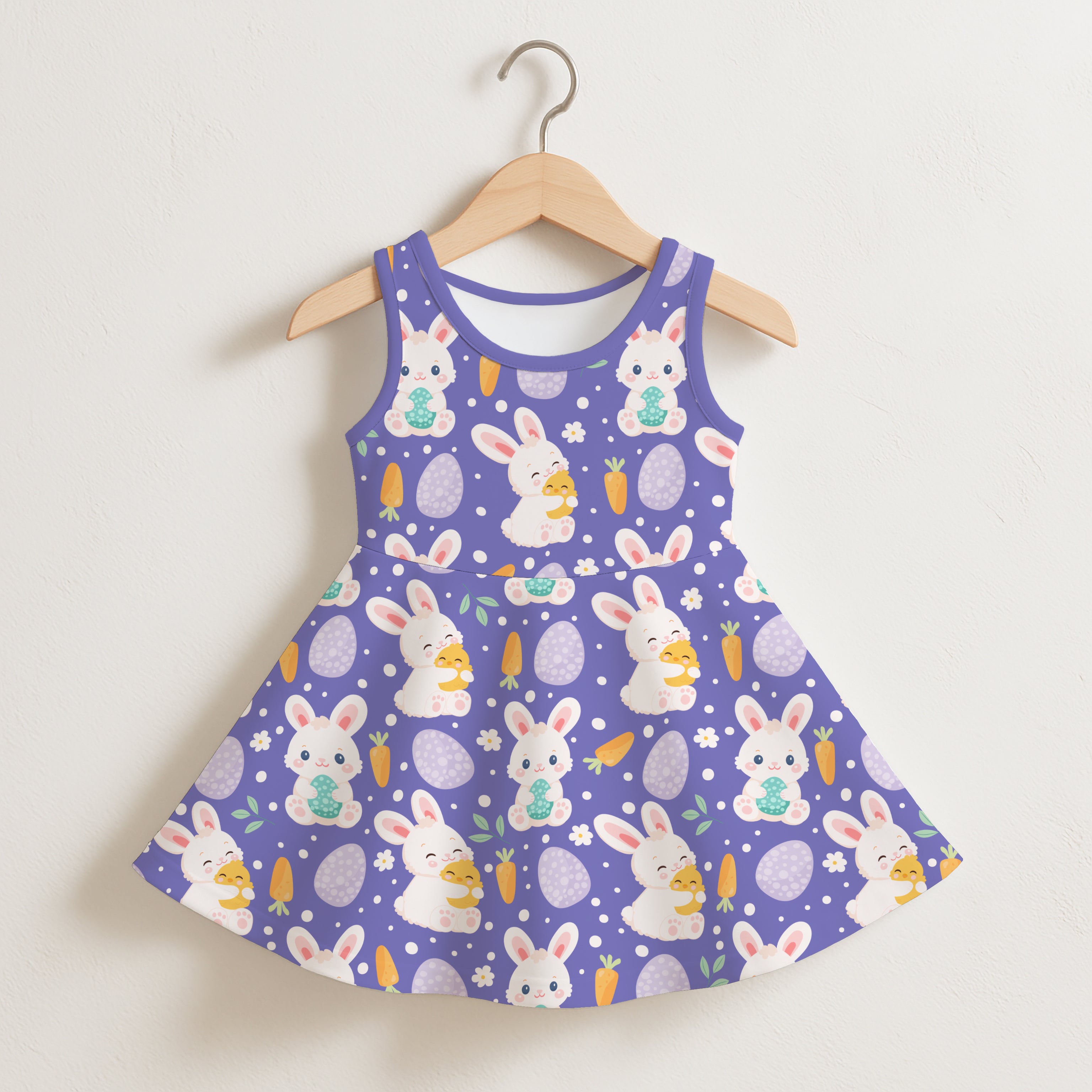 Girls purple sleeveless Easter dress with playful white bunnies carrots and pastel eggs pattern for toddlers