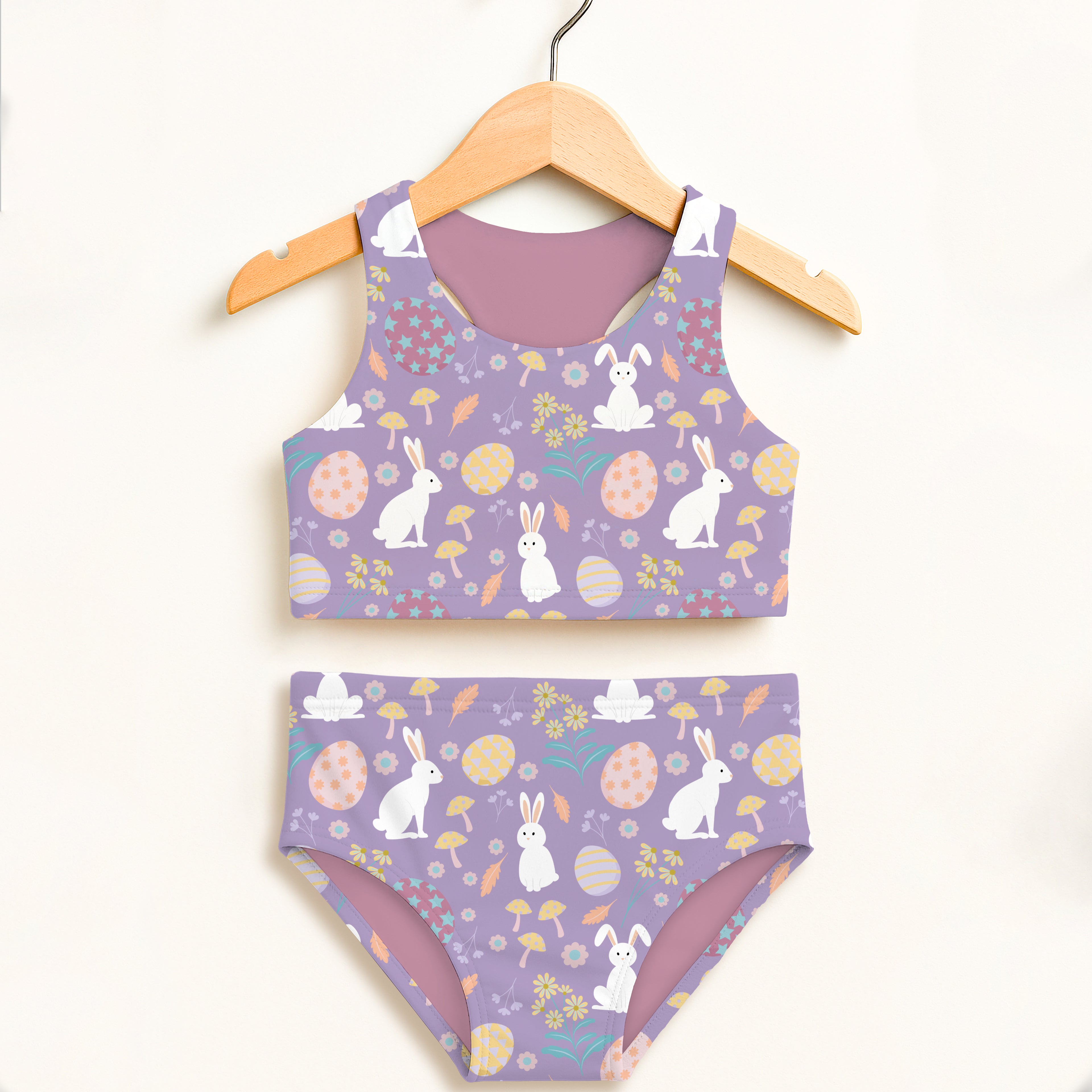Girls purple bunny easter two piece swimsuit with pastel egg pattern double layered upf 50 high waisted comfort