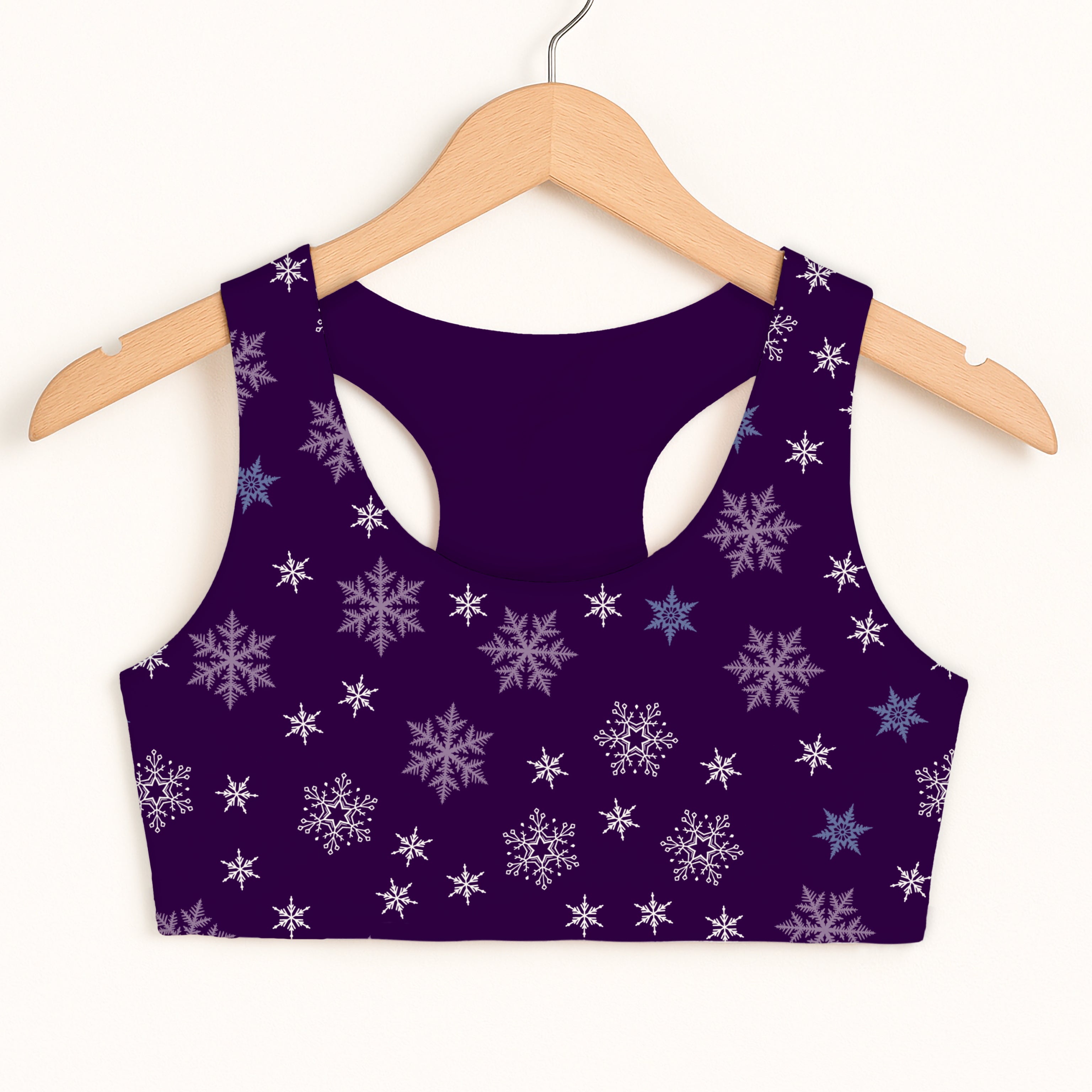 Girls Purple Snowflakes Christmas Sports Bra - Quick Drying, Double Layered Comfort