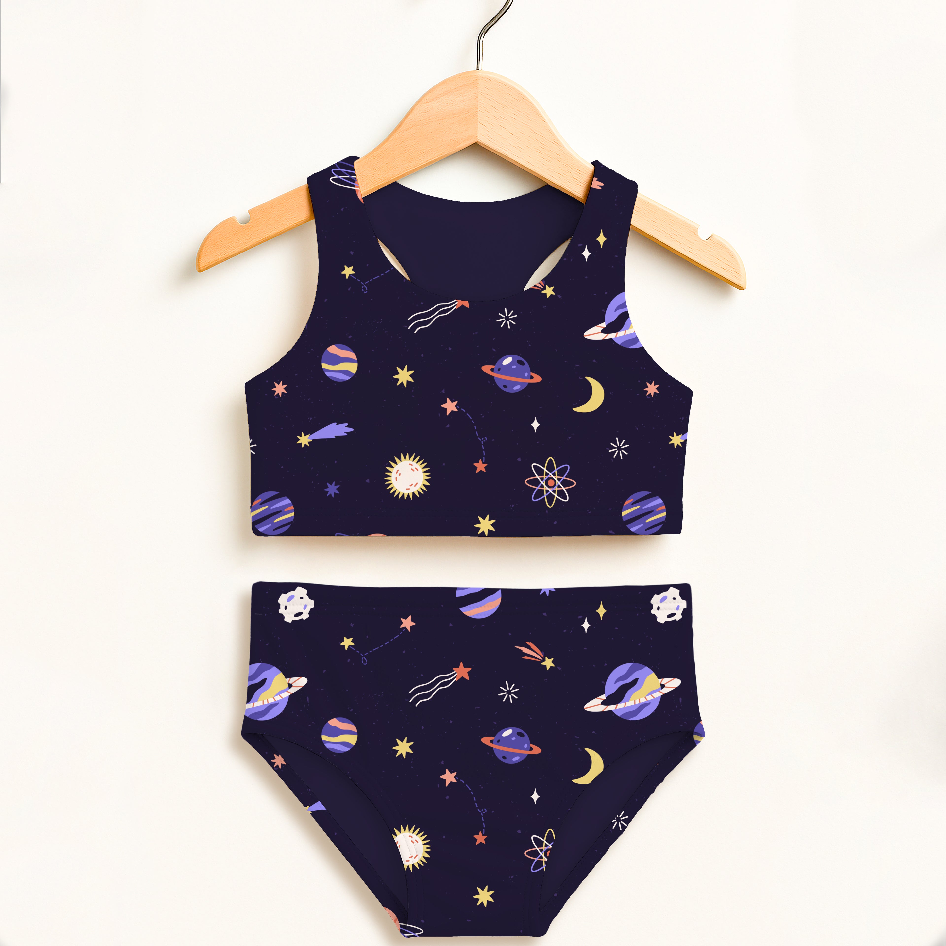 Girls purple outer space two piece swimsuit with colorful planets stars moons navy blue double layered upf 50 high waisted comfort