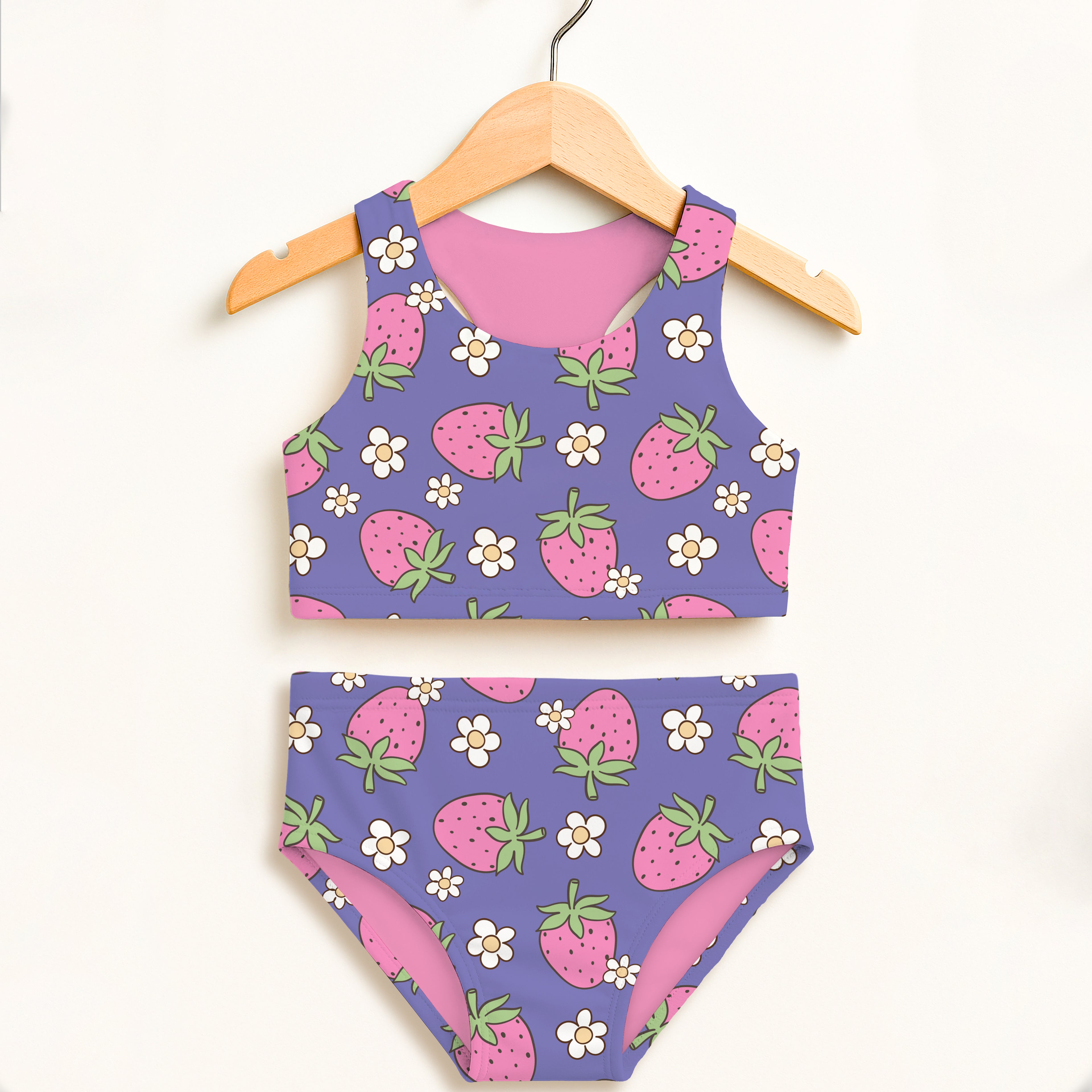 Girls purple strawberry and daisy two piece swimsuit with pink lining double layered upf 50 high waisted comfort