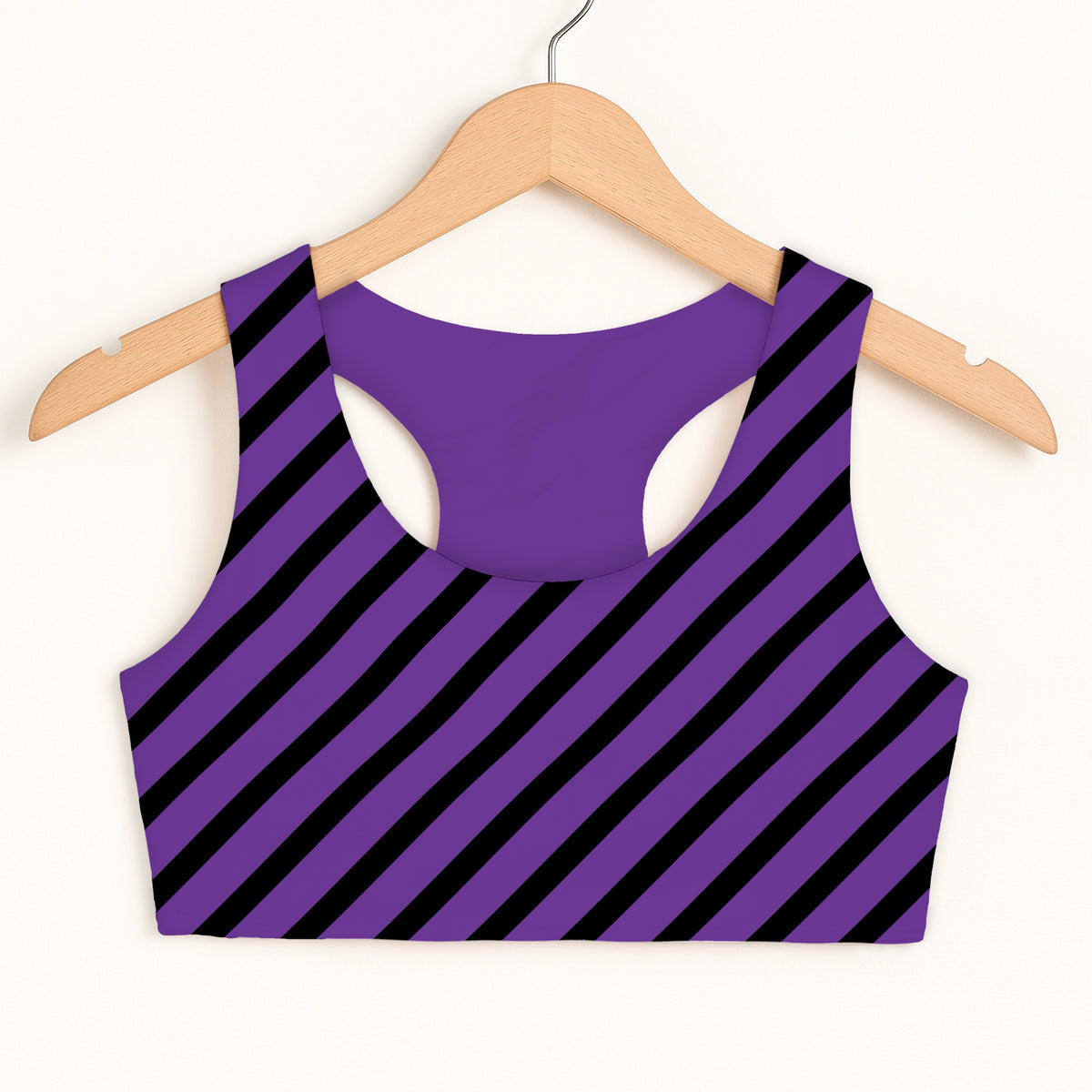 Girls Purple & Black Diagonal Striped Halloween Sports Bra - Quick Drying, Double Layered Comfort