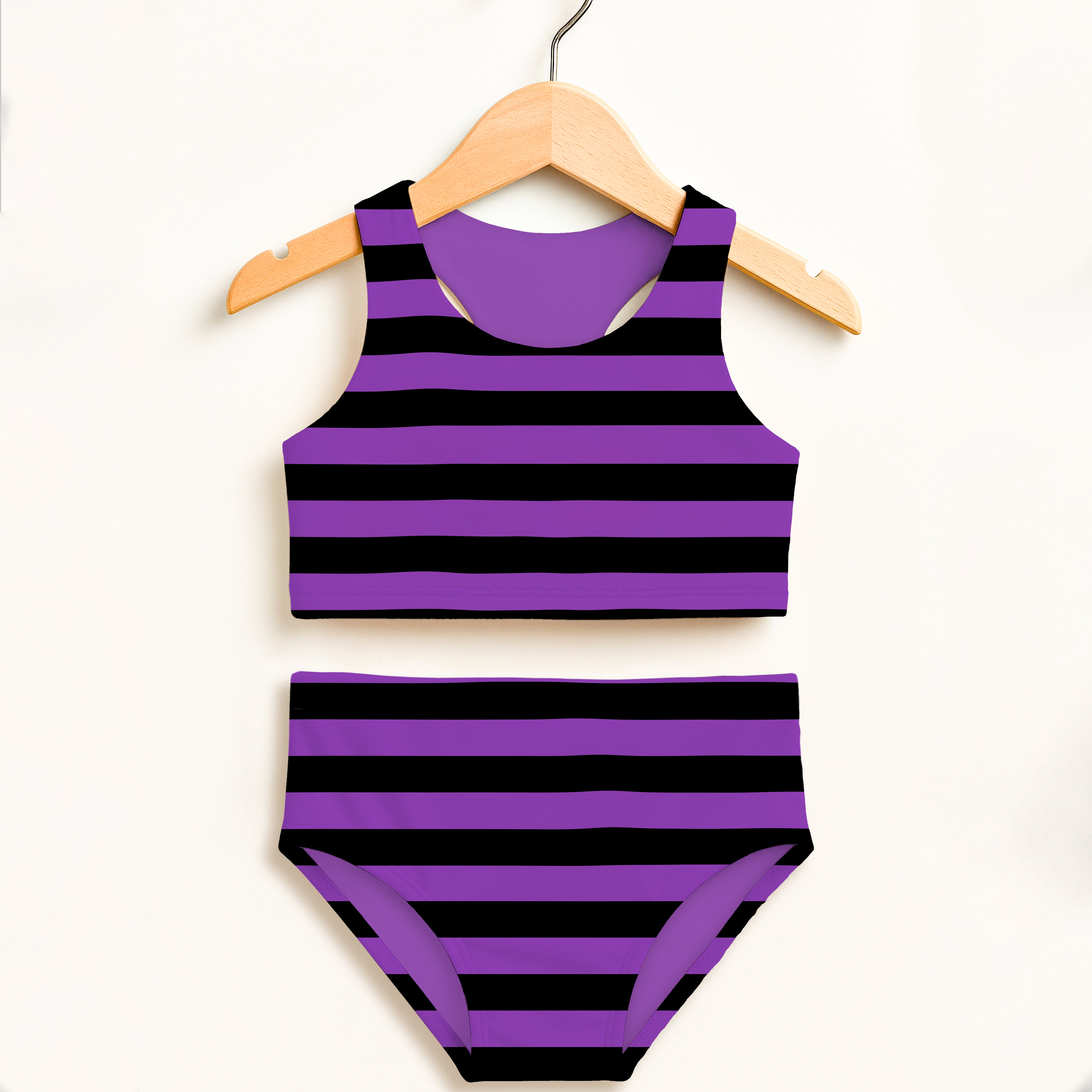 Girls Purple Black Striped Halloween Two Piece Swimsuit – Double Layered UPF 50+ High Waisted Comfort
