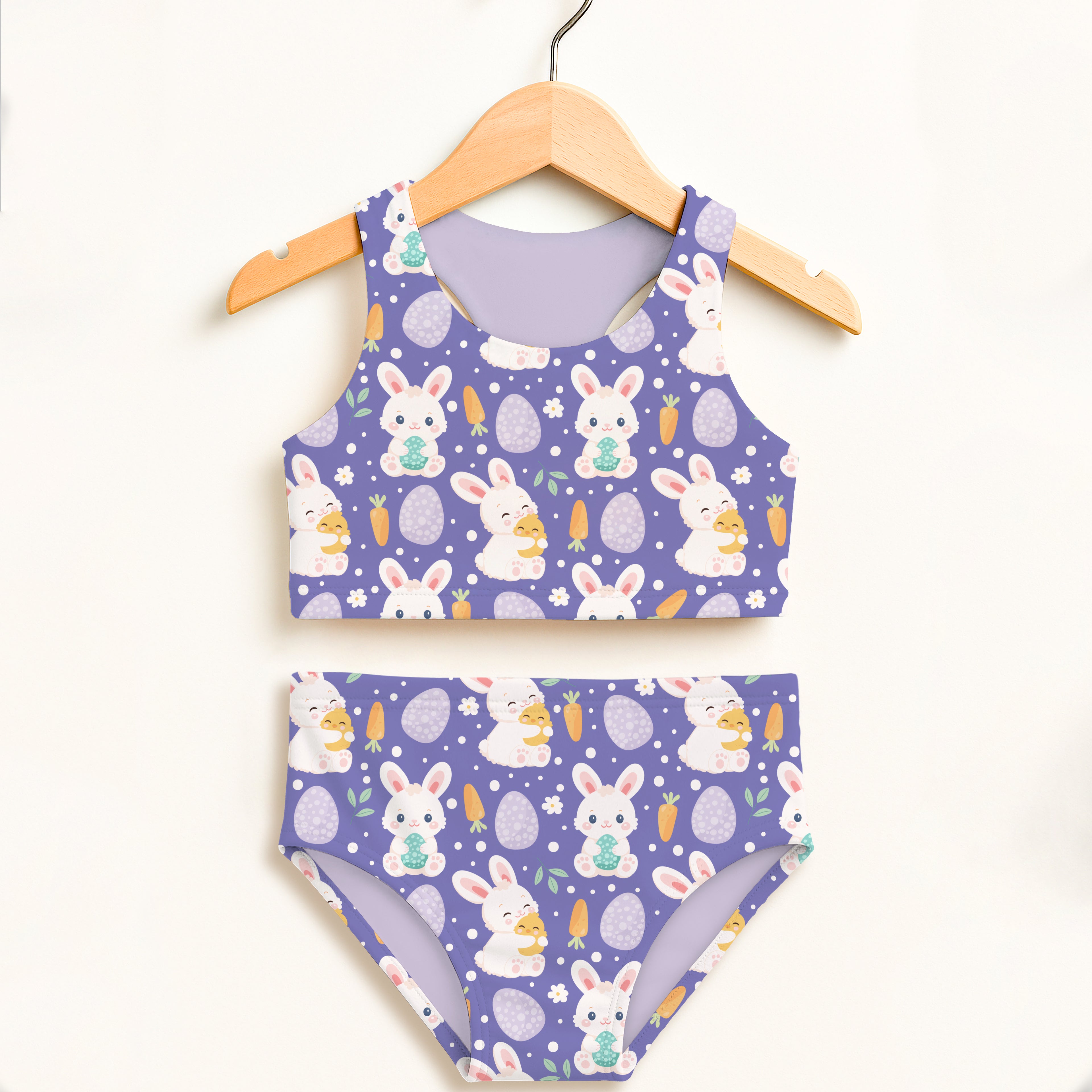 Girls purple easter bunny two piece swimsuit with egg-themed cartoon design double layered upf 50 plus fabric
