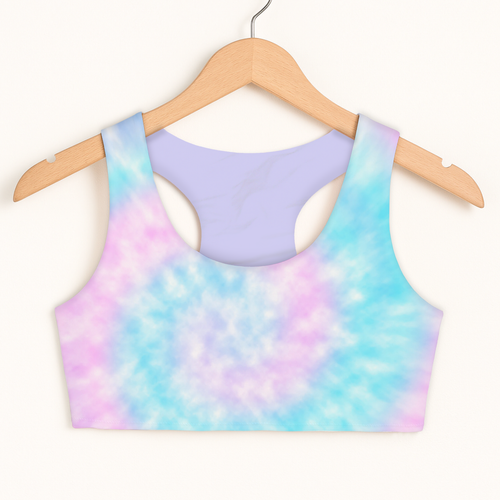 Pastel tie-dye girls faux tie dye sports bra with lavender double layered comfort and quick drying fabric on wooden hanger
