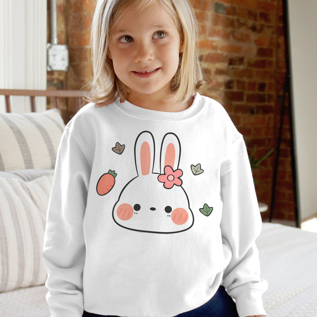 White long-sleeved fleece kids bunny sweatshirt with cute cartoon rabbit pink cheeks and flower surrounded by carrots and leaves