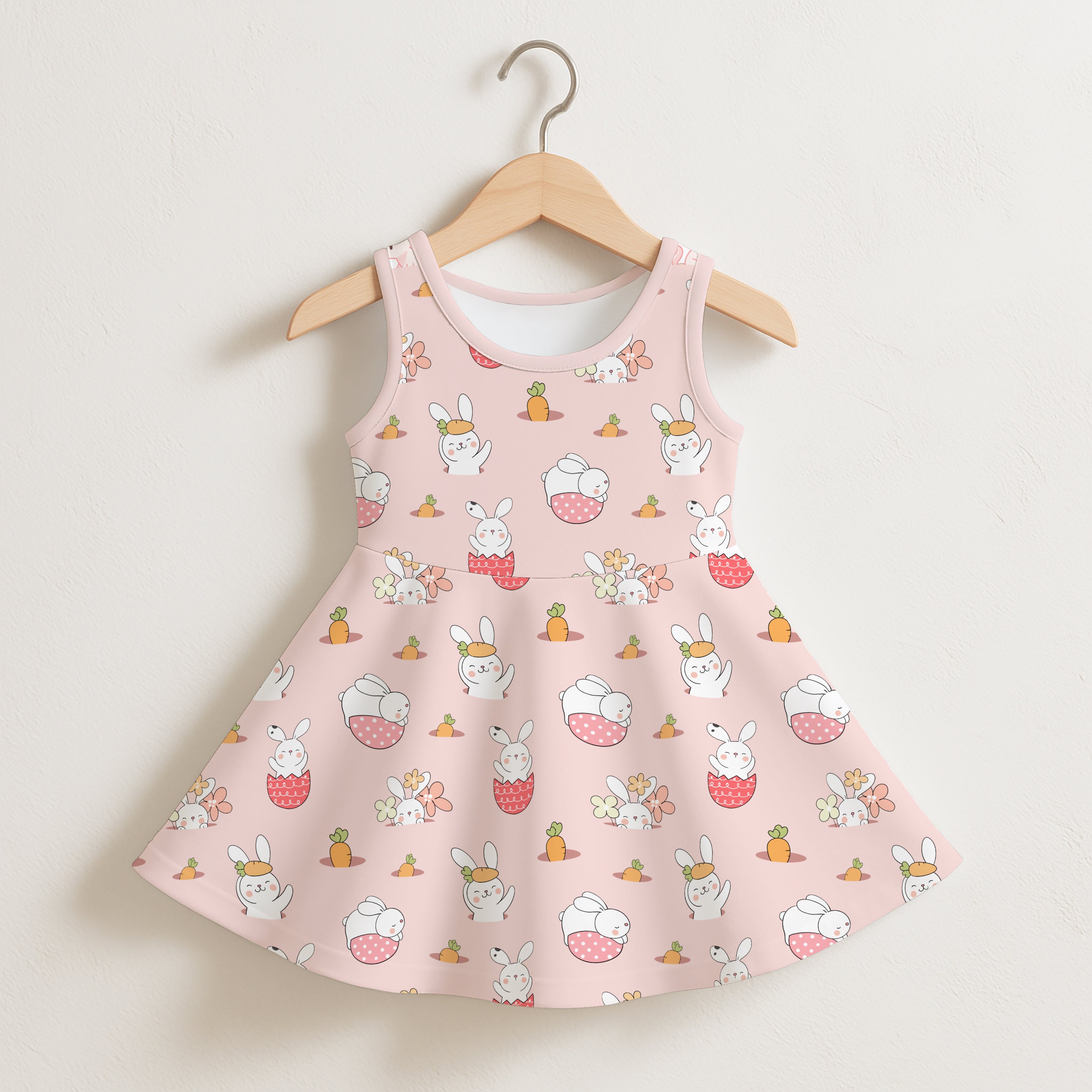 Girls pink Easter bunny sleeveless dress with flared skirt and white bunny strawberry basket and carrot pattern on soft fabric