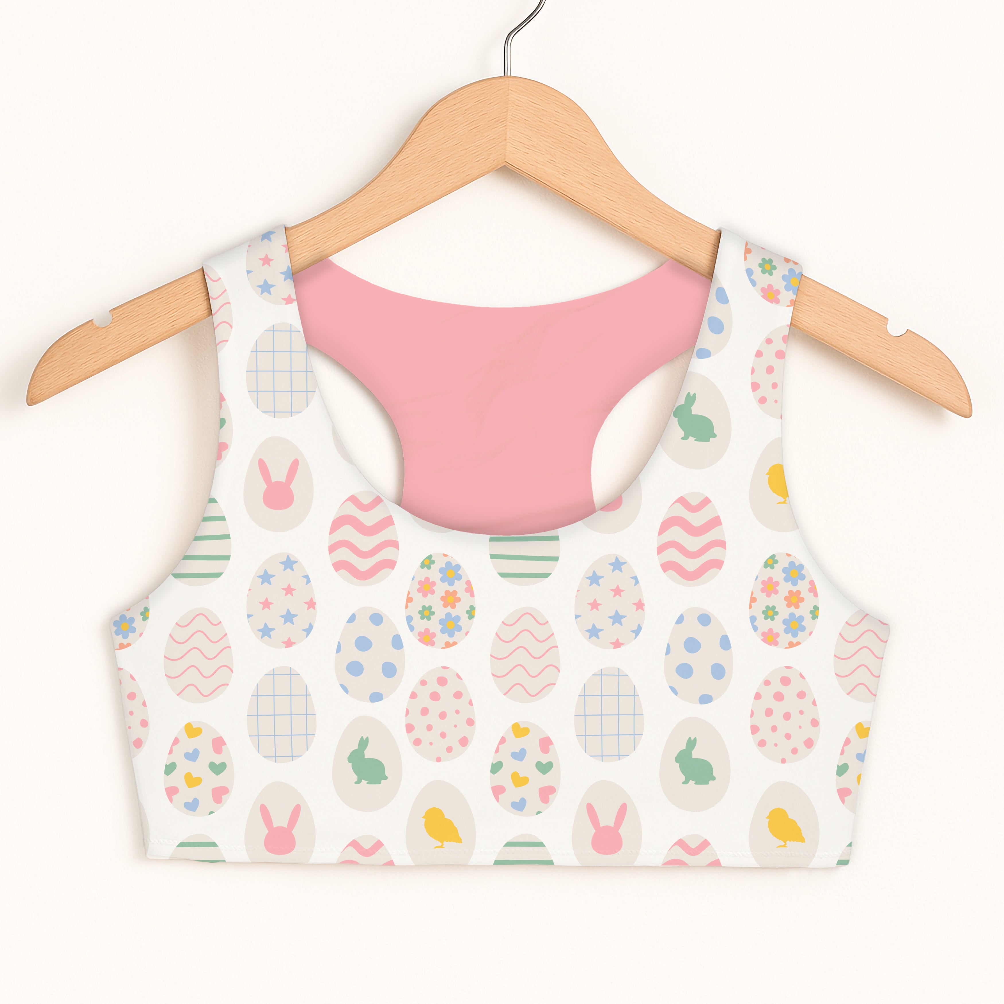 Girls bunny and chick pastel easter egg sports bra with quick drying fabric and double layered comfort in white