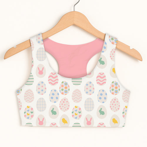 Girls bunny and chick pastel easter egg sports bra with quick drying fabric and double layered comfort in white