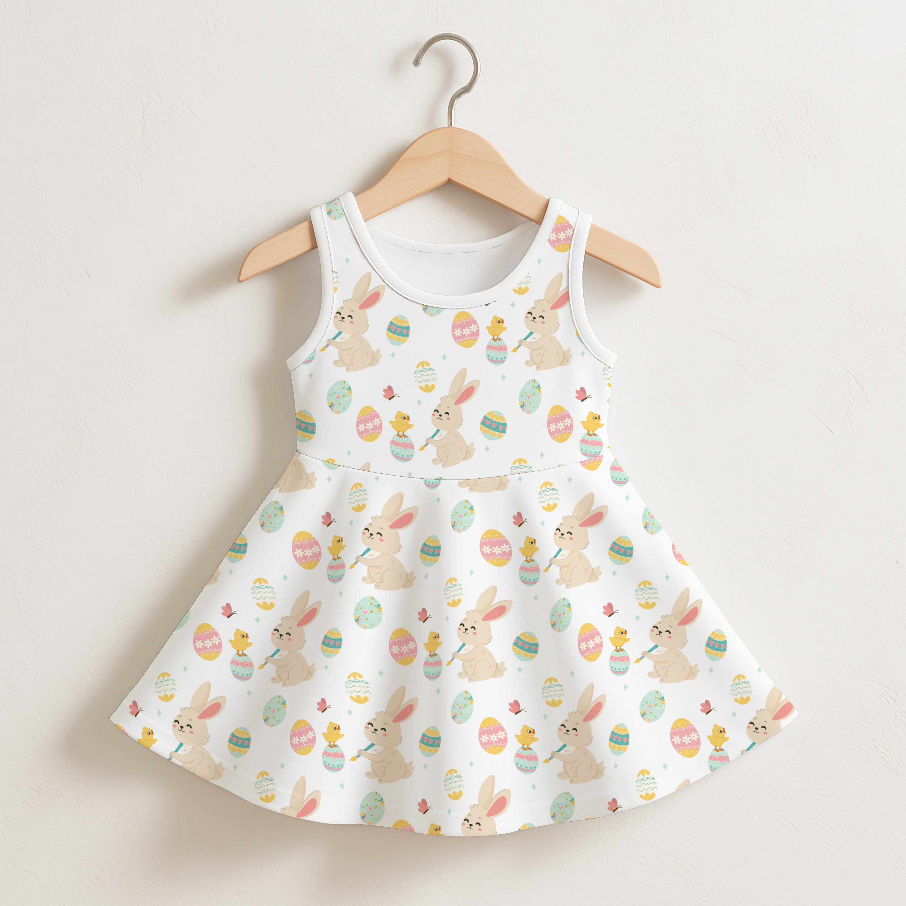 Girls Easter rabbit and chick sleeveless dress in white cotton with beige bunnies colorful eggs and yellow chicks print
