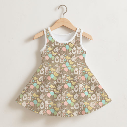 Girls easter themed sleeveless dress with charming brown fabric and playful bunnies chicks and pastel balloons pattern