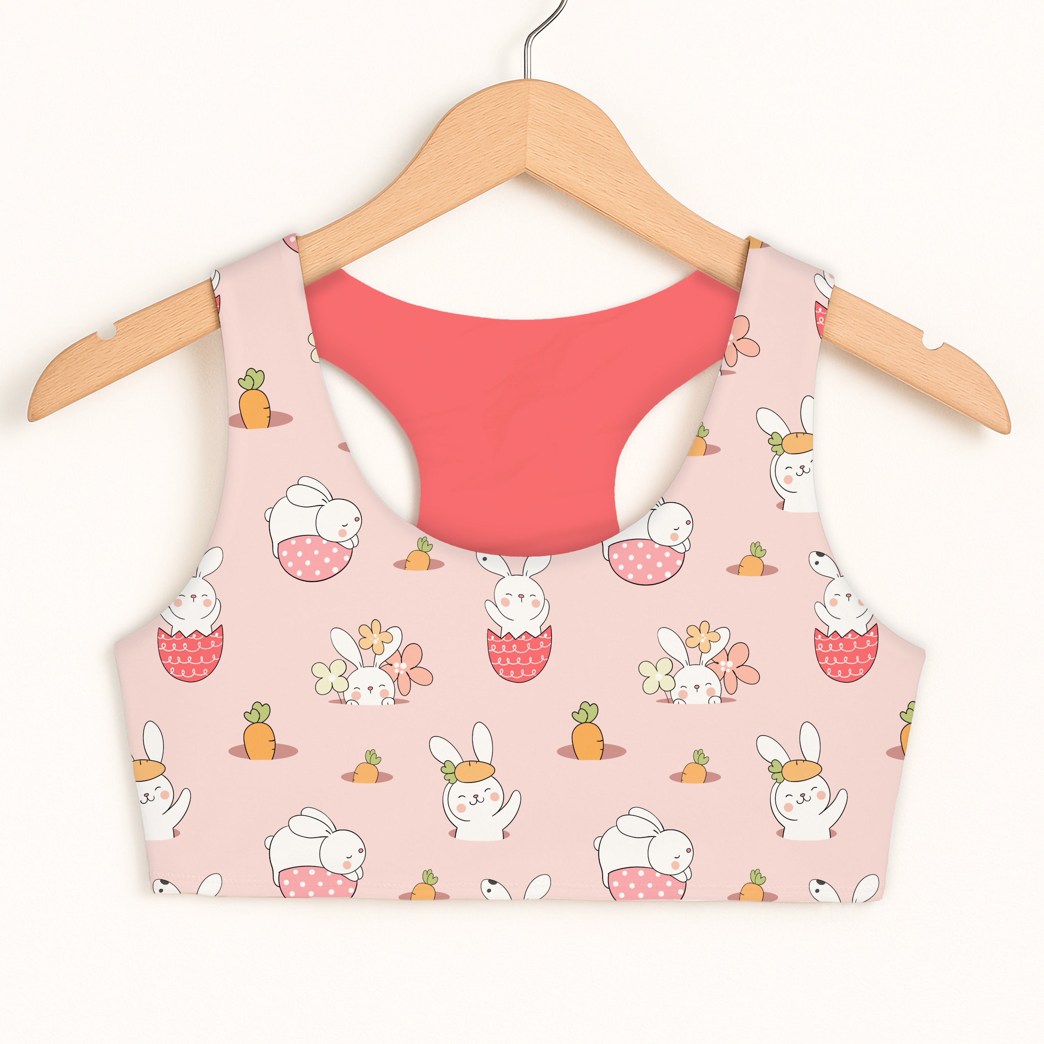Girls easter bunny sports bra pink bunny-themed crop top with coral lining quick drying double layered comfort