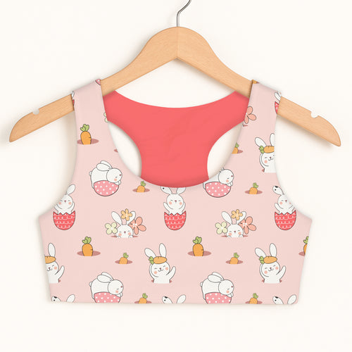 Girls easter bunny sports bra pink bunny-themed crop top with coral lining quick drying double layered comfort