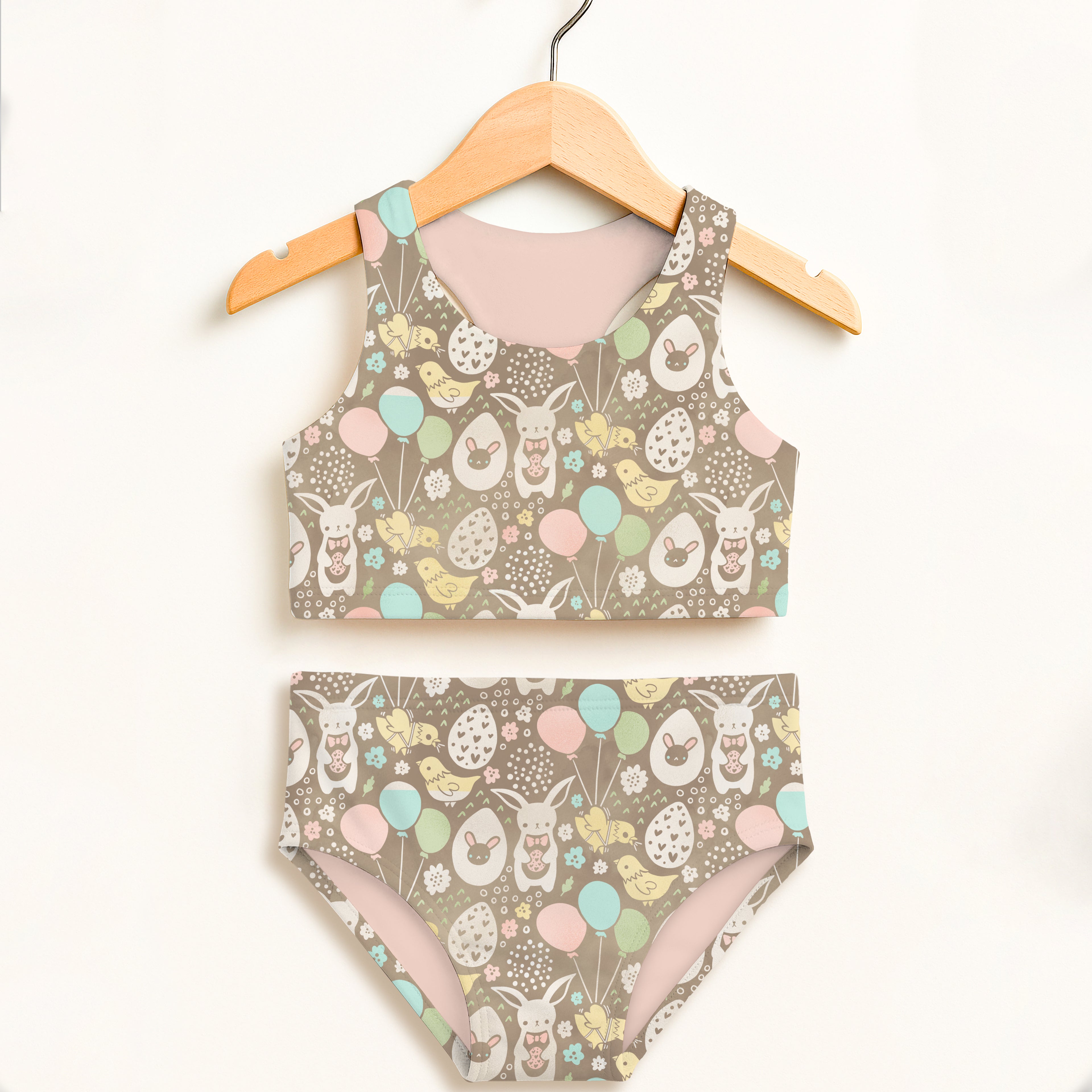 Girls brown easter bunny two piece swimsuit with playful bunnies chicks balloons and eggs double layered upf 50 high waisted
