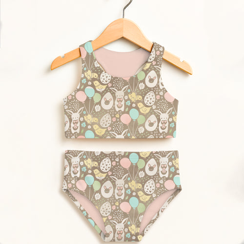 Girls brown easter bunny two piece swimsuit with playful bunnies chicks balloons and eggs double layered upf 50 high waisted