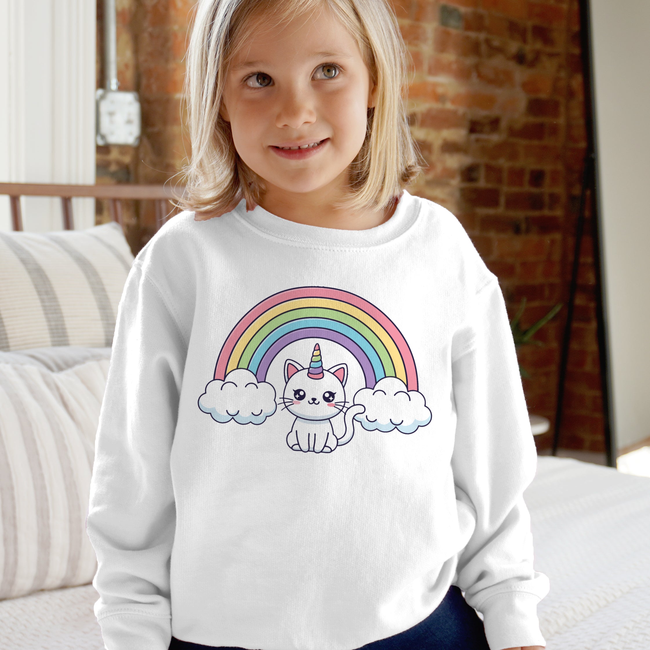 White long-sleeved sweatshirt with colorful rainbow and cartoon unicorn cat design for girls magical style