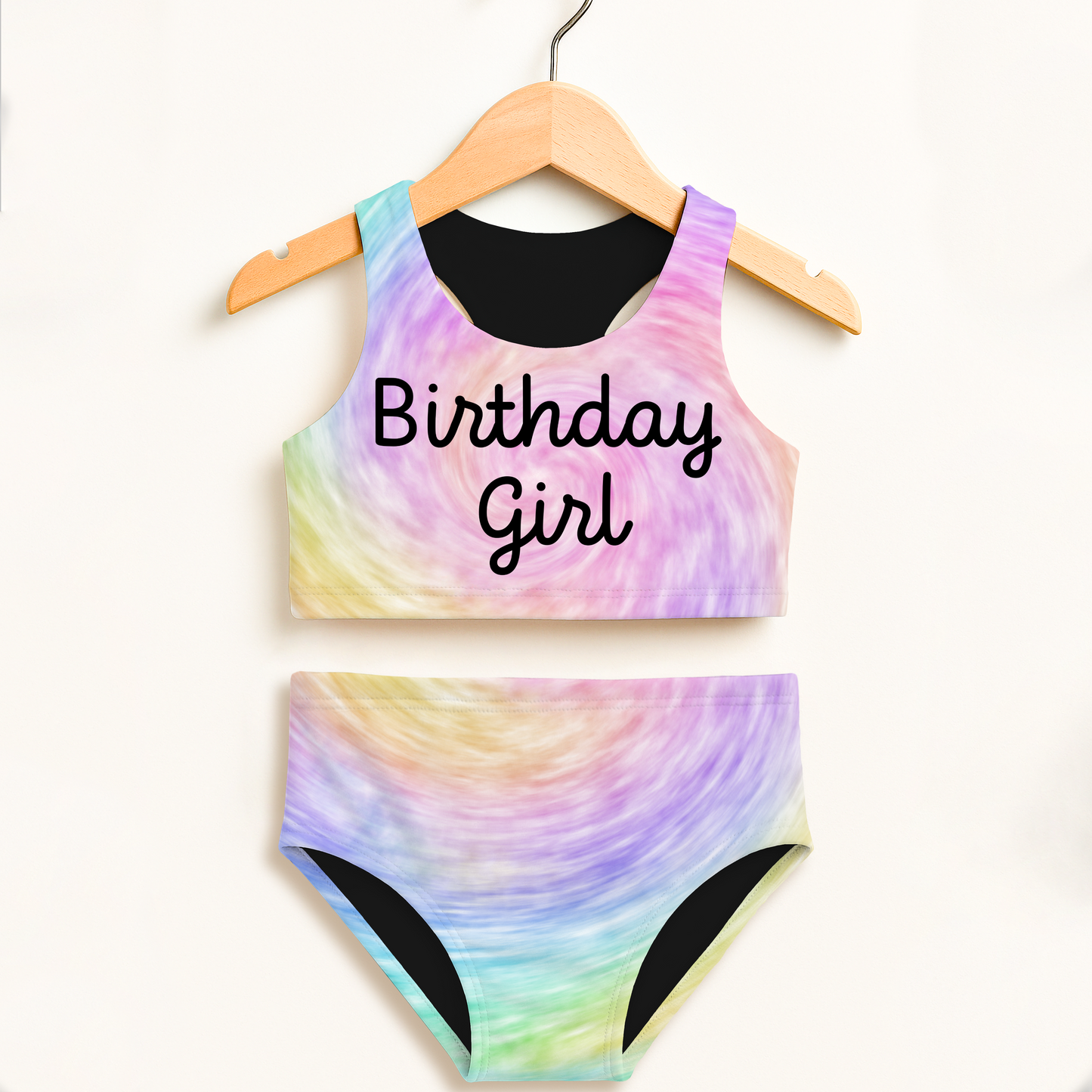 Birthday Girl Faux Rainbow Tie Dye Two Piece Swimsuit – High Waisted, Double Layered Comfort