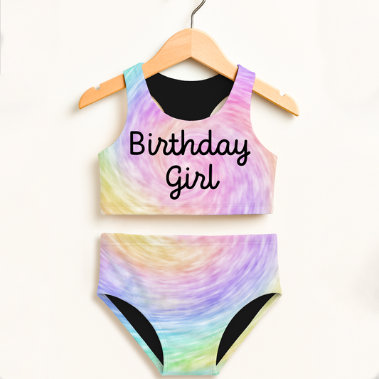 Birthday Girl Faux Rainbow Tie Dye Two Piece Swimsuit – High Waisted, Double Layered Comfort