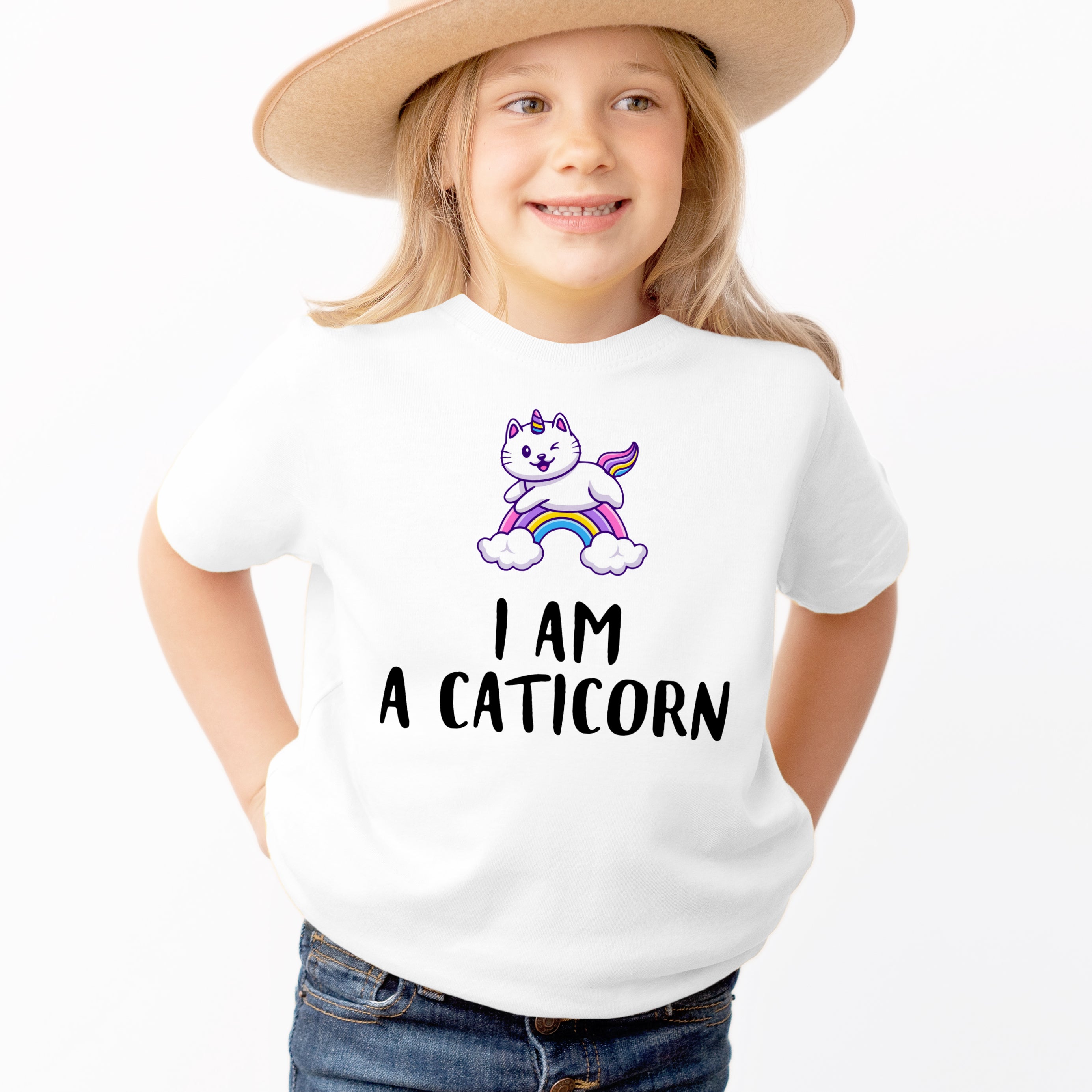 Girls Caticorn Rainbow Cat Unicorn T-Shirt - Soft Lightweight Cotton Tee
