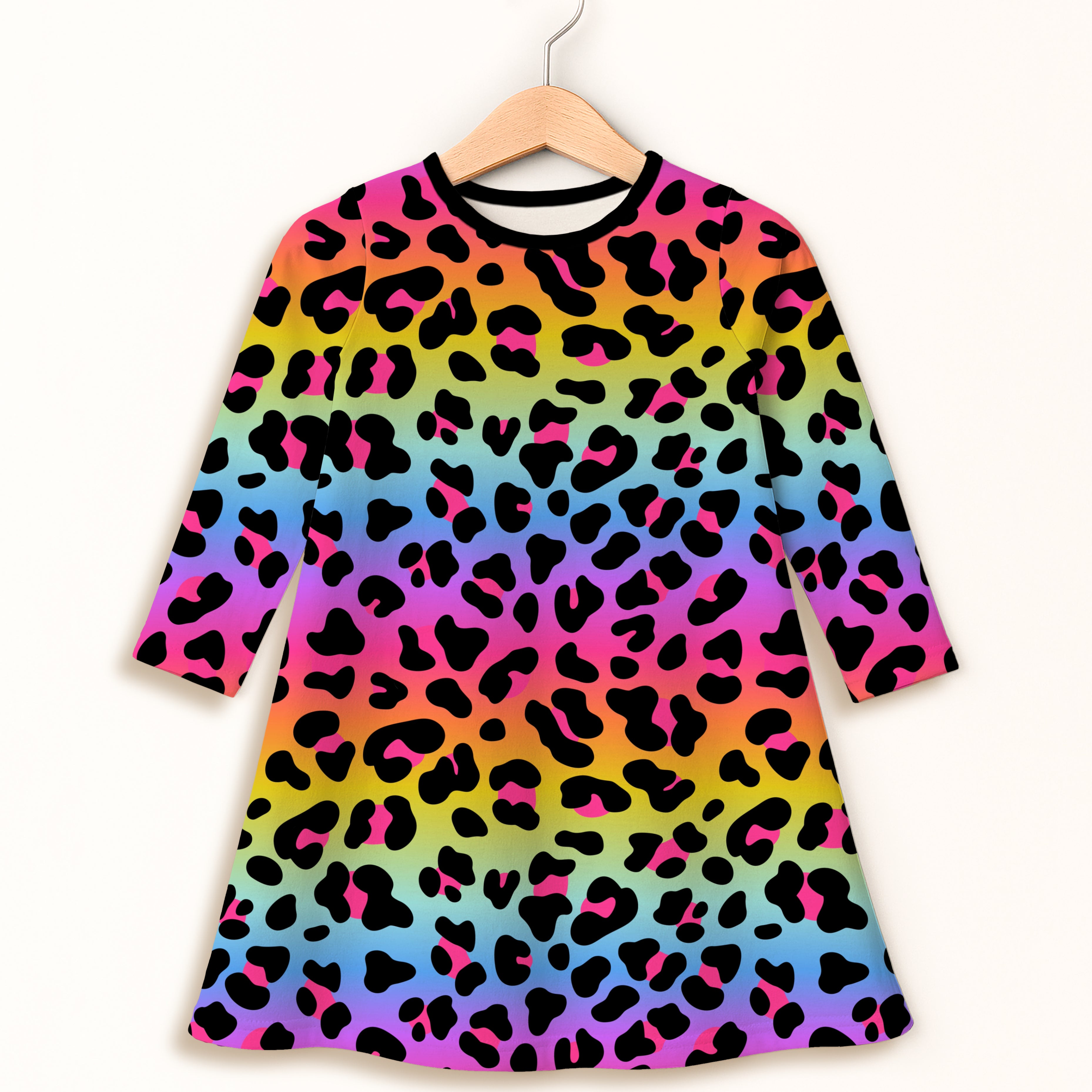 Girls Rainbow Leopard Long Sleeve Dress
