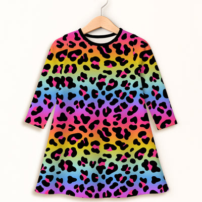 Girls Rainbow Leopard Long Sleeve Dress