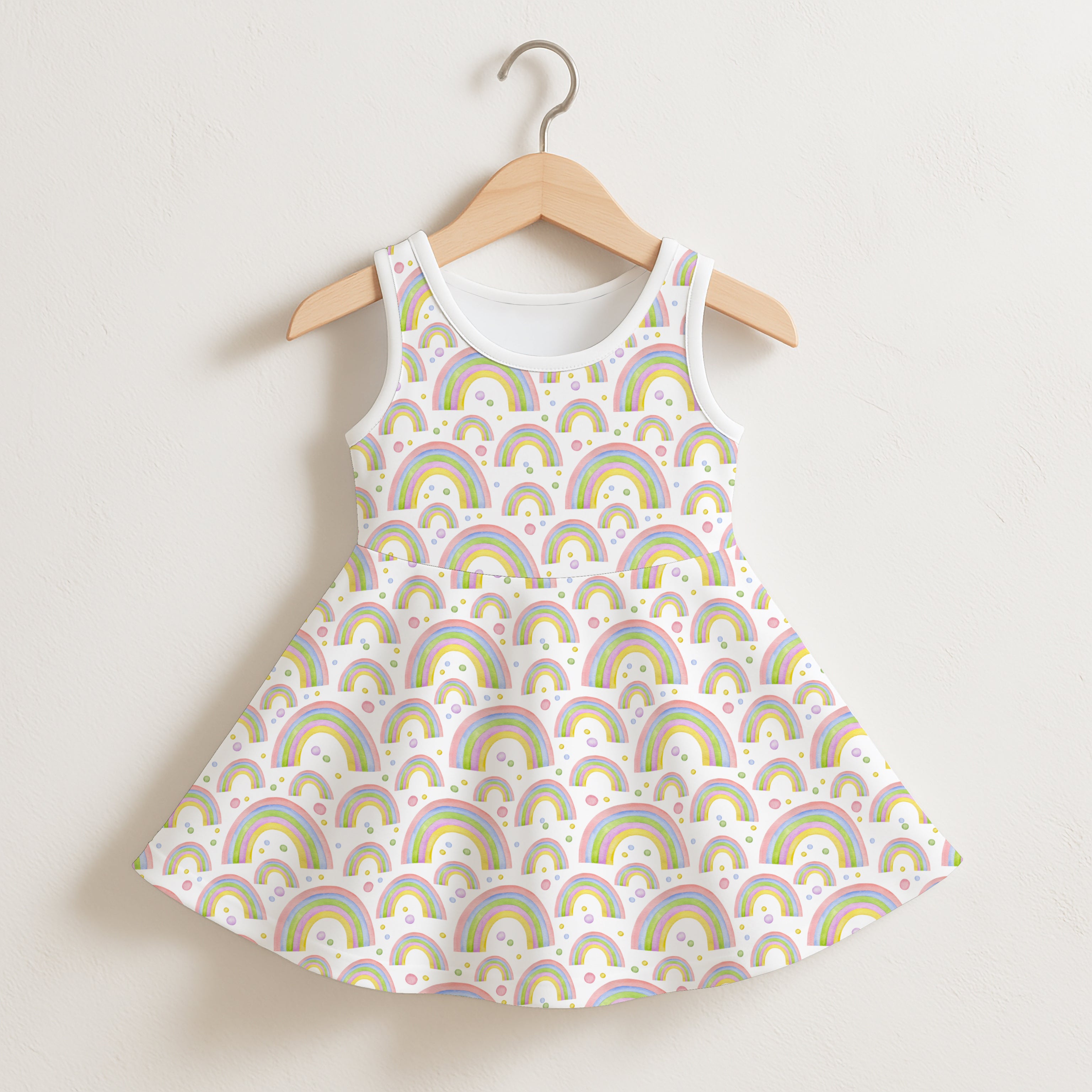 White sleeveless girls dress with flared skirt and pastel rainbow and dot pattern for casual wear
