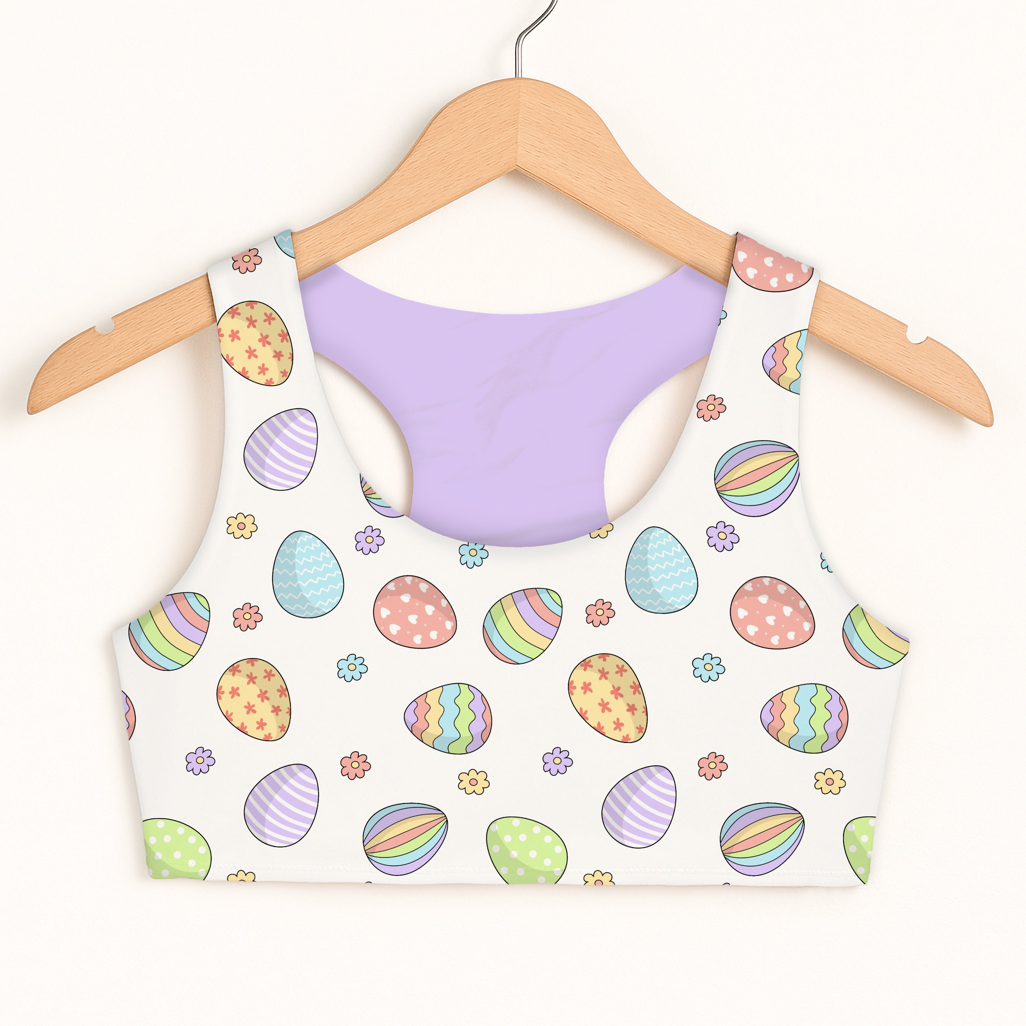 Girls pastel rainbow easter egg sports bra with double layered comfort white fabric and soft lavender lining