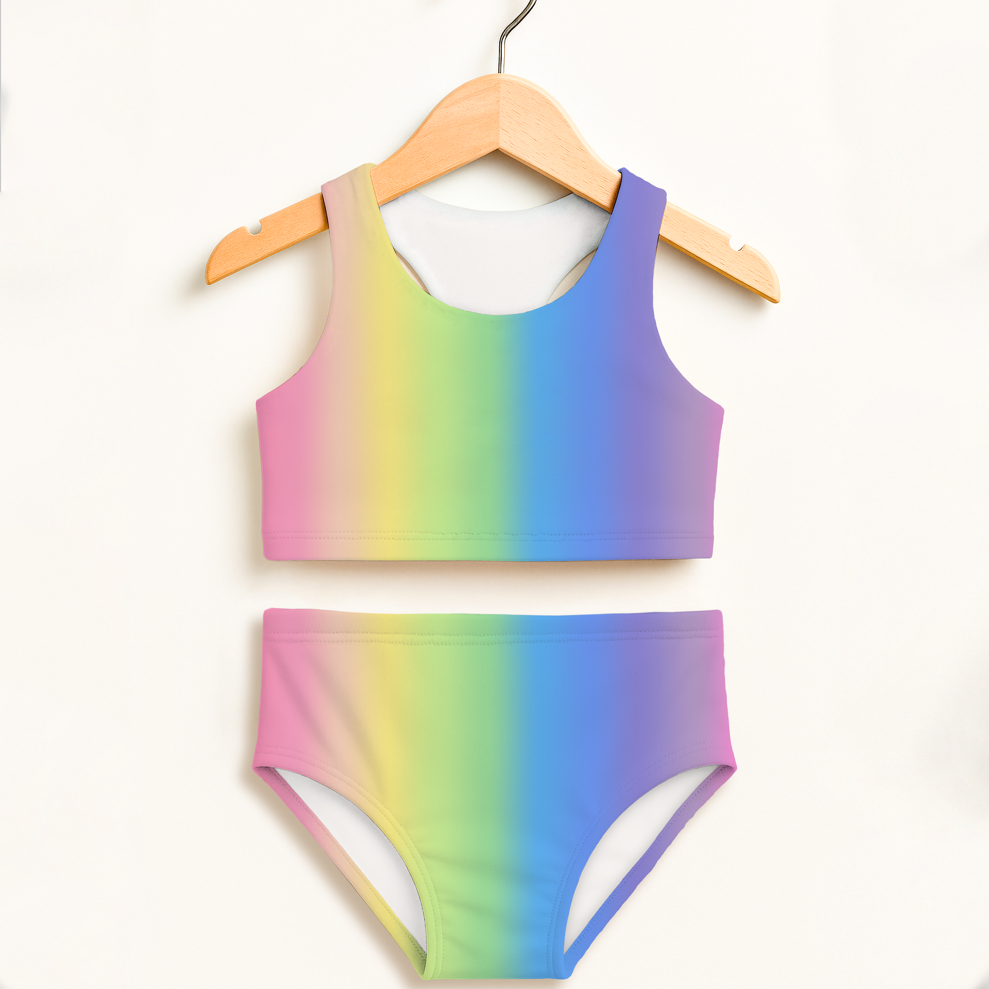 Girls rainbow ombre two piece swimsuit with smooth stretchy fabric double layered upf 50 high waisted comfort