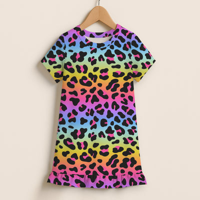 Girls Rainbow Leopard Short Sleeve Ruffle Hem Dress