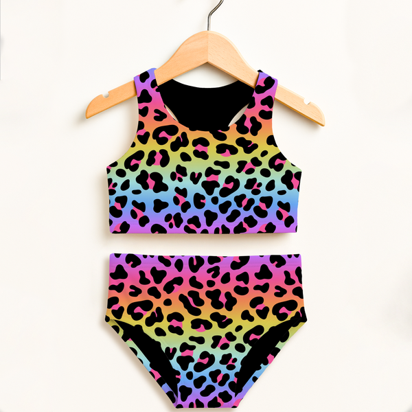 Girls rainbow leopard two piece swimsuit with black accents double layered upf 50 plus high waisted comfort