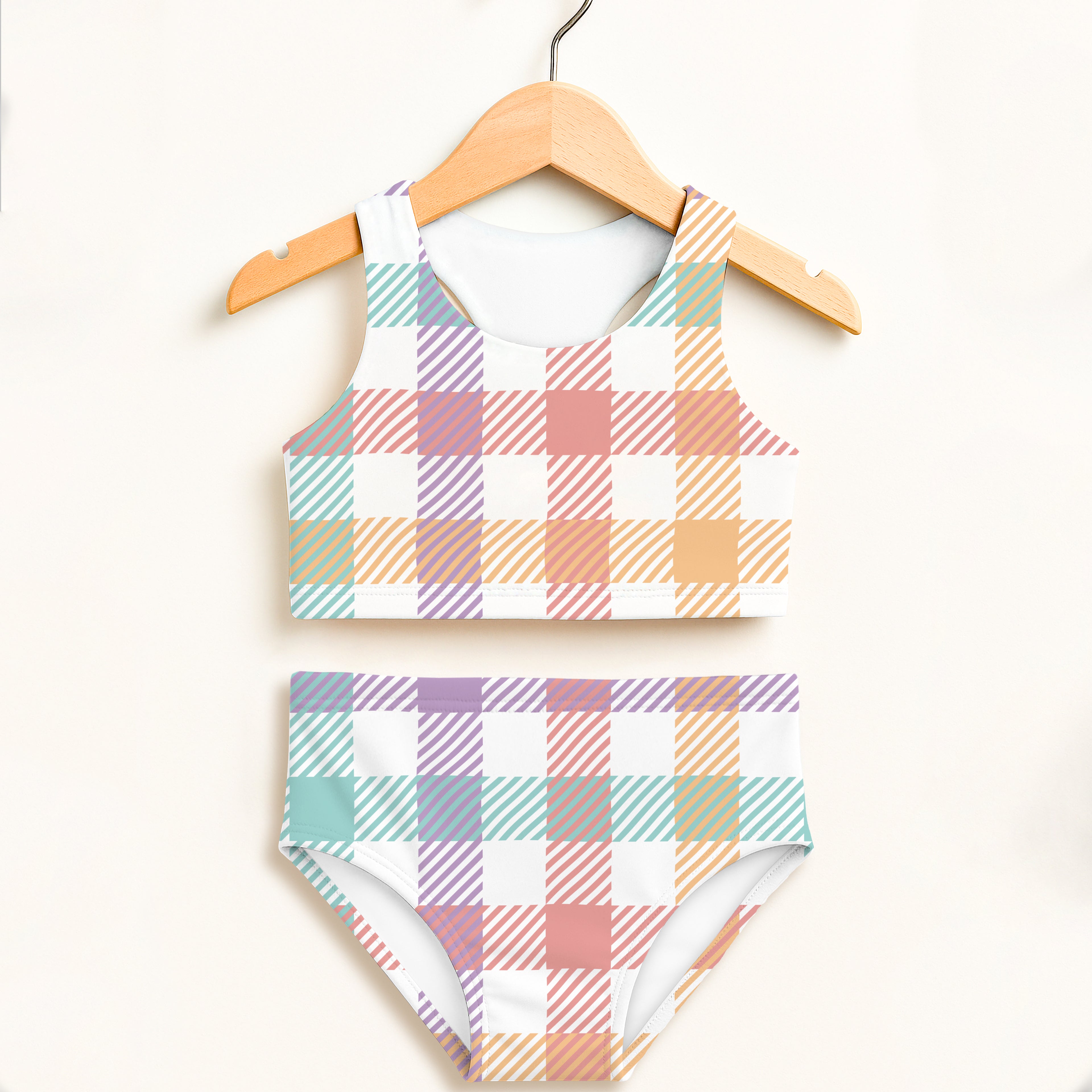 Girls pastel rainbow gingham two-piece swimsuit with halter top high waisted bottoms in pink mint lavender peach and white