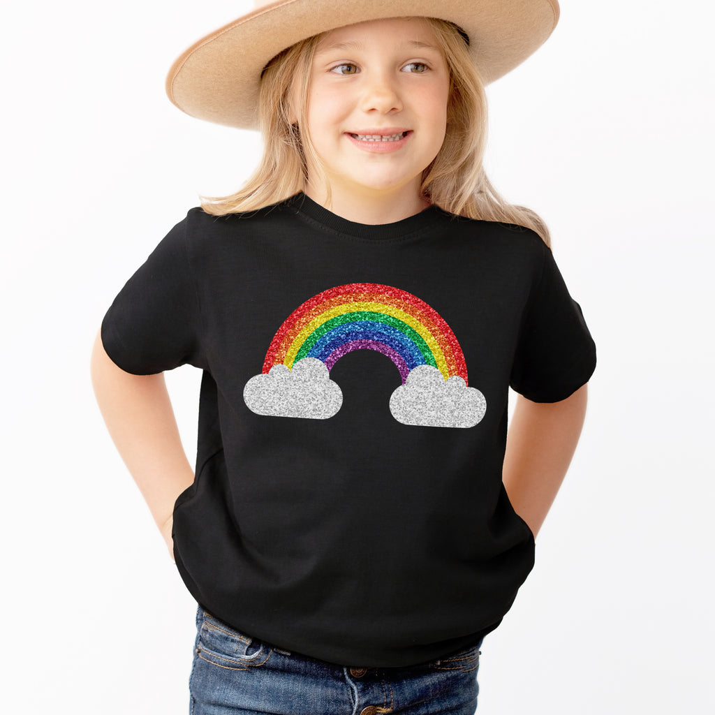 Kids Faux Printed Glitter Rainbow Outline T-Shirt - Soft Lightweight Cotton Tee