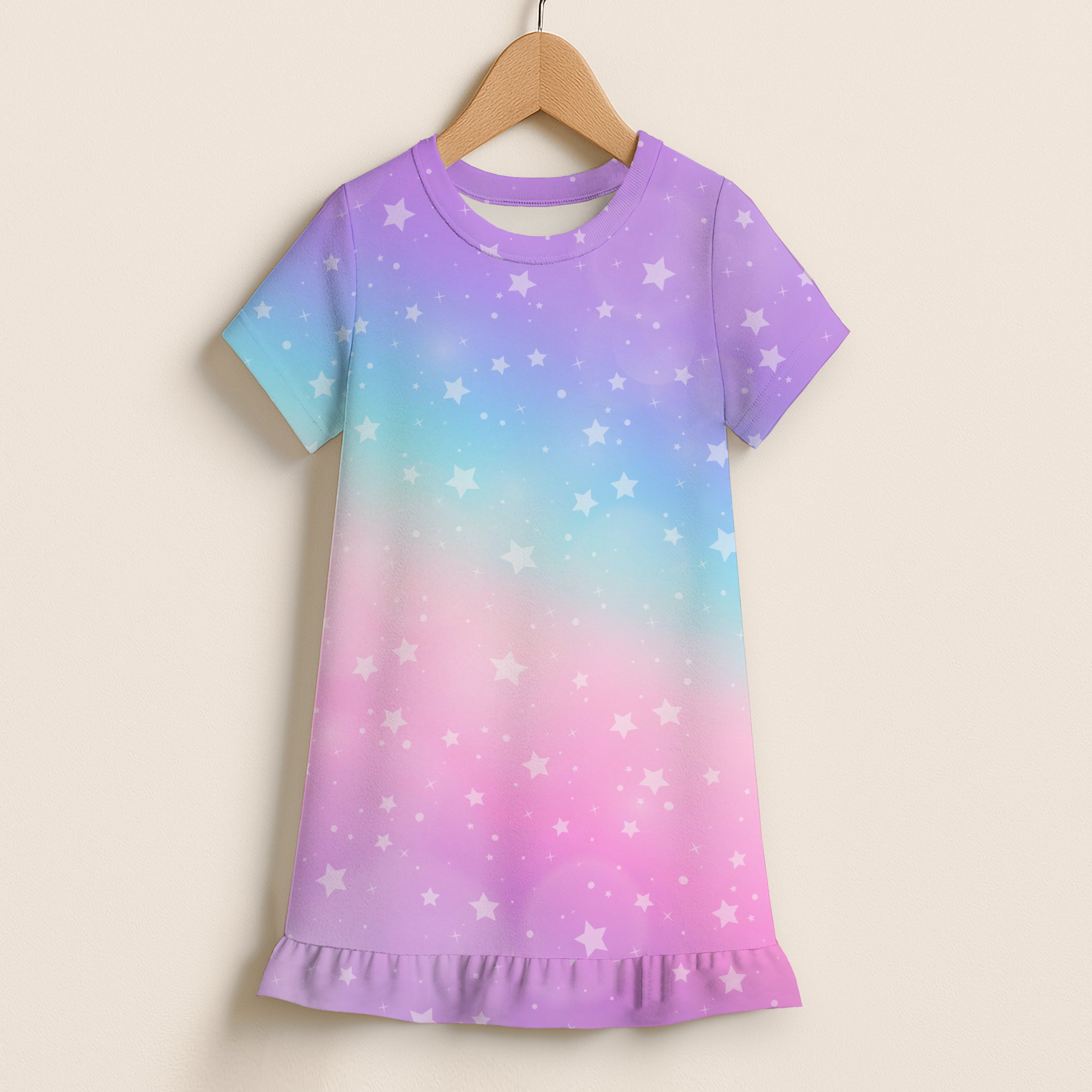 Girls Rainbow Stars Short Sleeve Ruffle Hem Dress