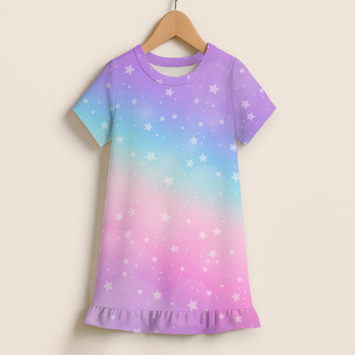 Girls Rainbow Stars Short Sleeve Ruffle Hem Dress