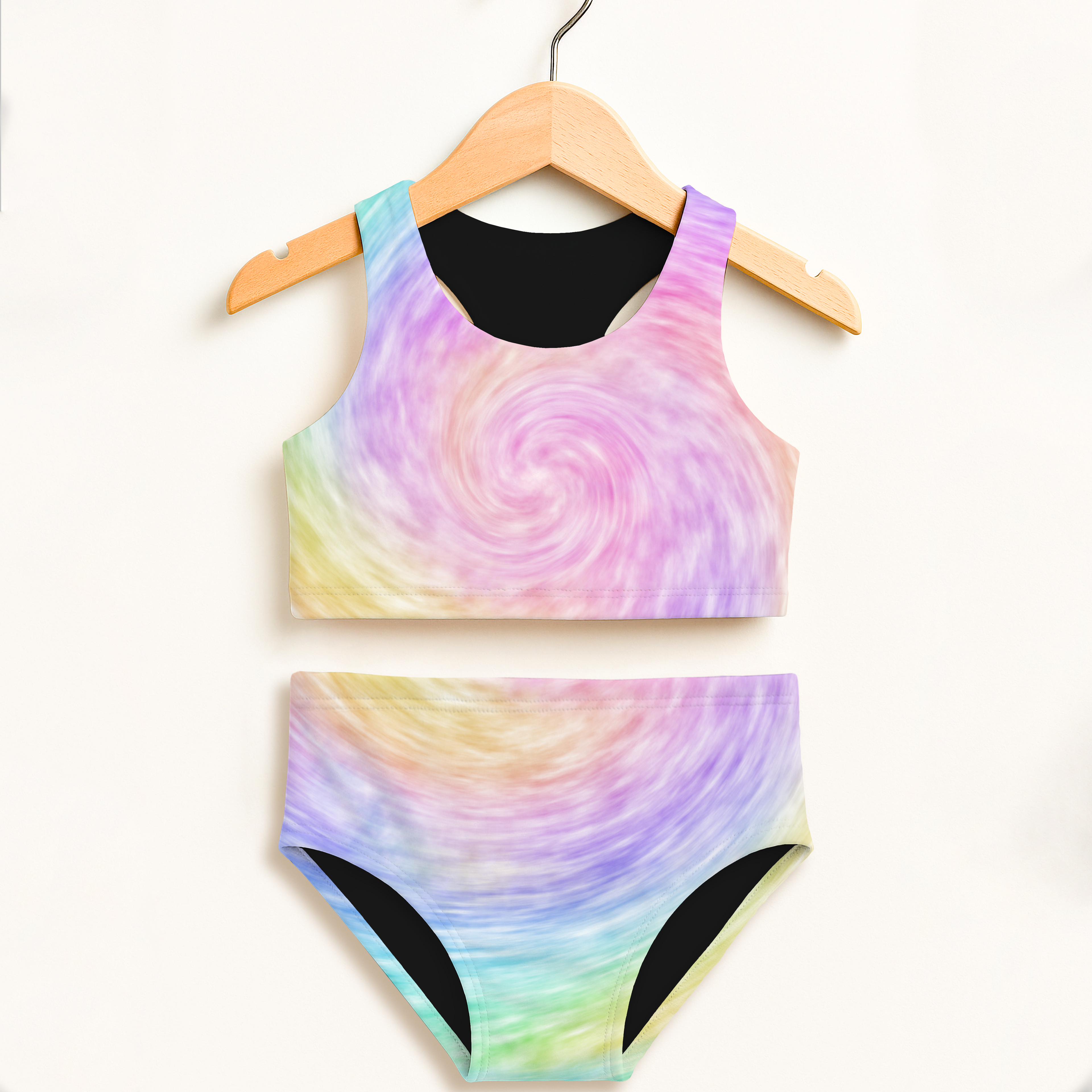 Girls faux rainbow tie dye two piece swimsuit set with pastel rainbow swirl and black lining featuring upf 50+ protection