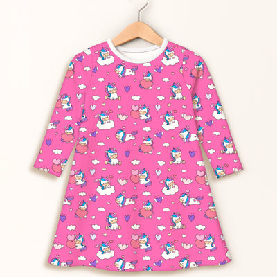 Pink unicorn hearts girls long sleeve dress with white collar featuring a unicorn-themed print for children