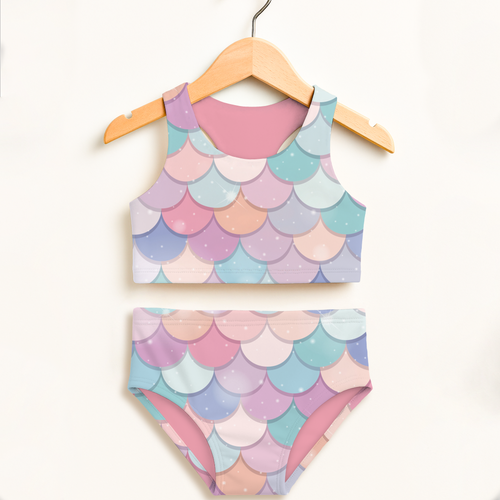 Girls colorful pastel mermaid-scale two-piece swimsuit with pink lining, double layered UPF 50+ high waisted comfort