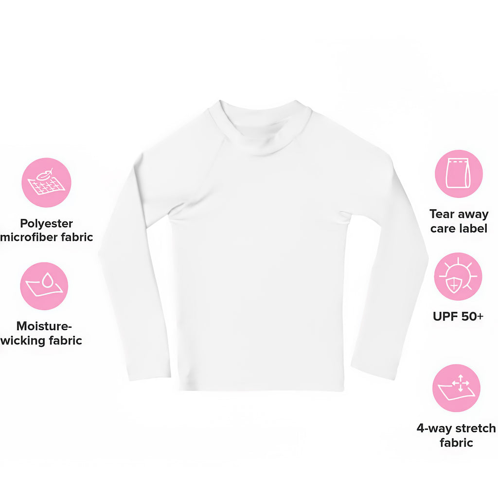 White girls long sleeve rash guard swim shirt made of polyester microfiber with moisture wicking and 4 way stretch