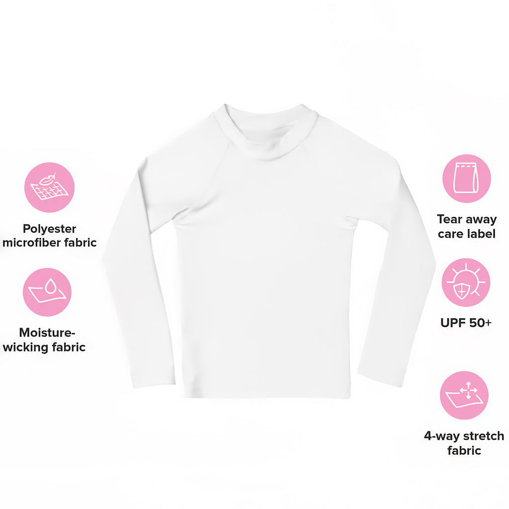 White long-sleeved girls uv-protective rash guard made from polyester microfiber with upf 50 plus for swim use