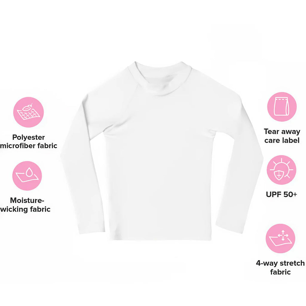 White long-sleeved rash guard swim shirt with colorful balloons made of moisture-wicking polyester microfiber