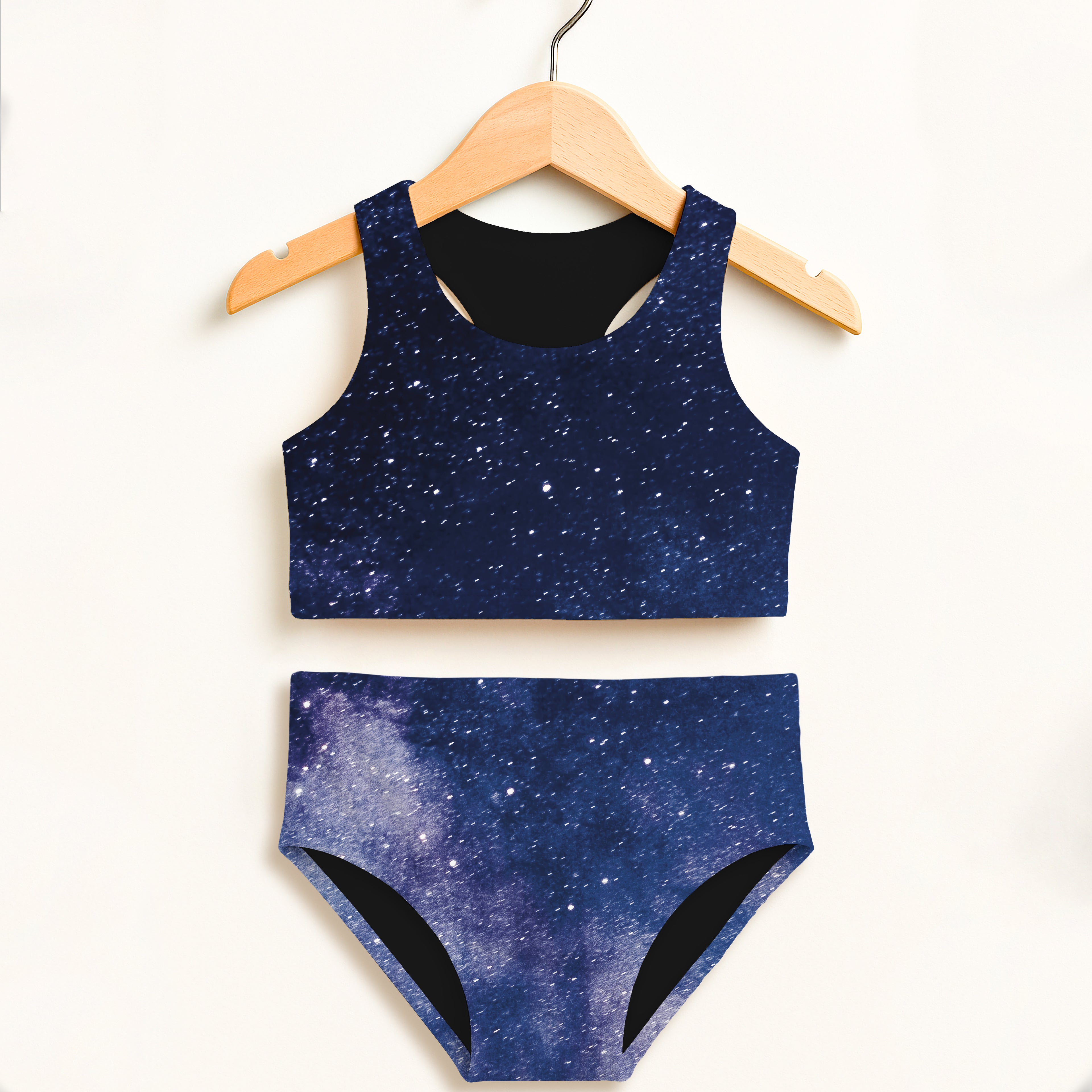 Girls realistic galaxy navy blue starry night print two-piece swimsuit with black lining and double-layered upf 50+ fabric