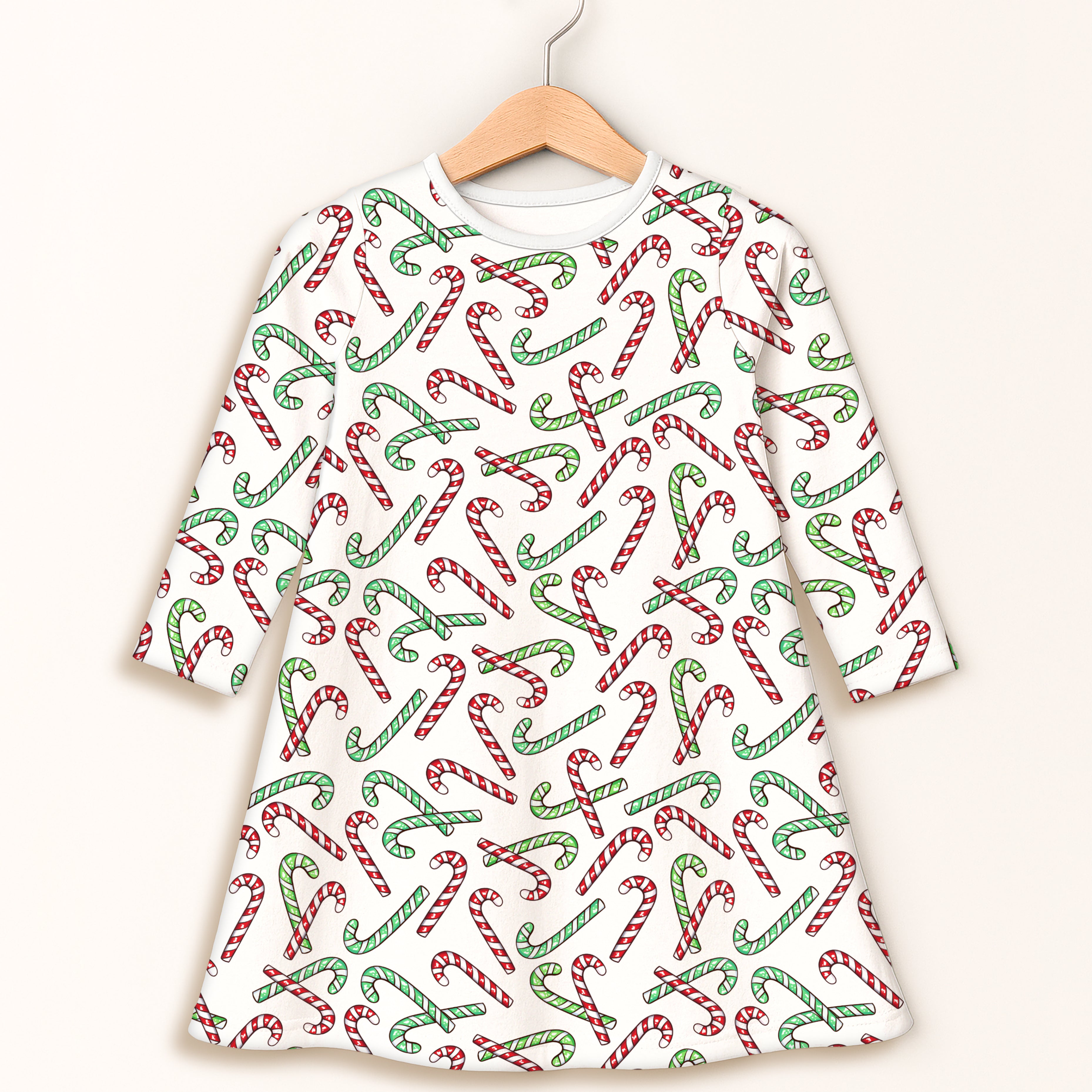 Girls Red and Green Candy Cane Christmas Long Sleeve Dress