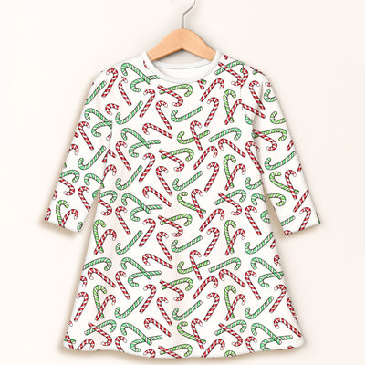 Girls Red and Green Candy Cane Christmas Long Sleeve Dress