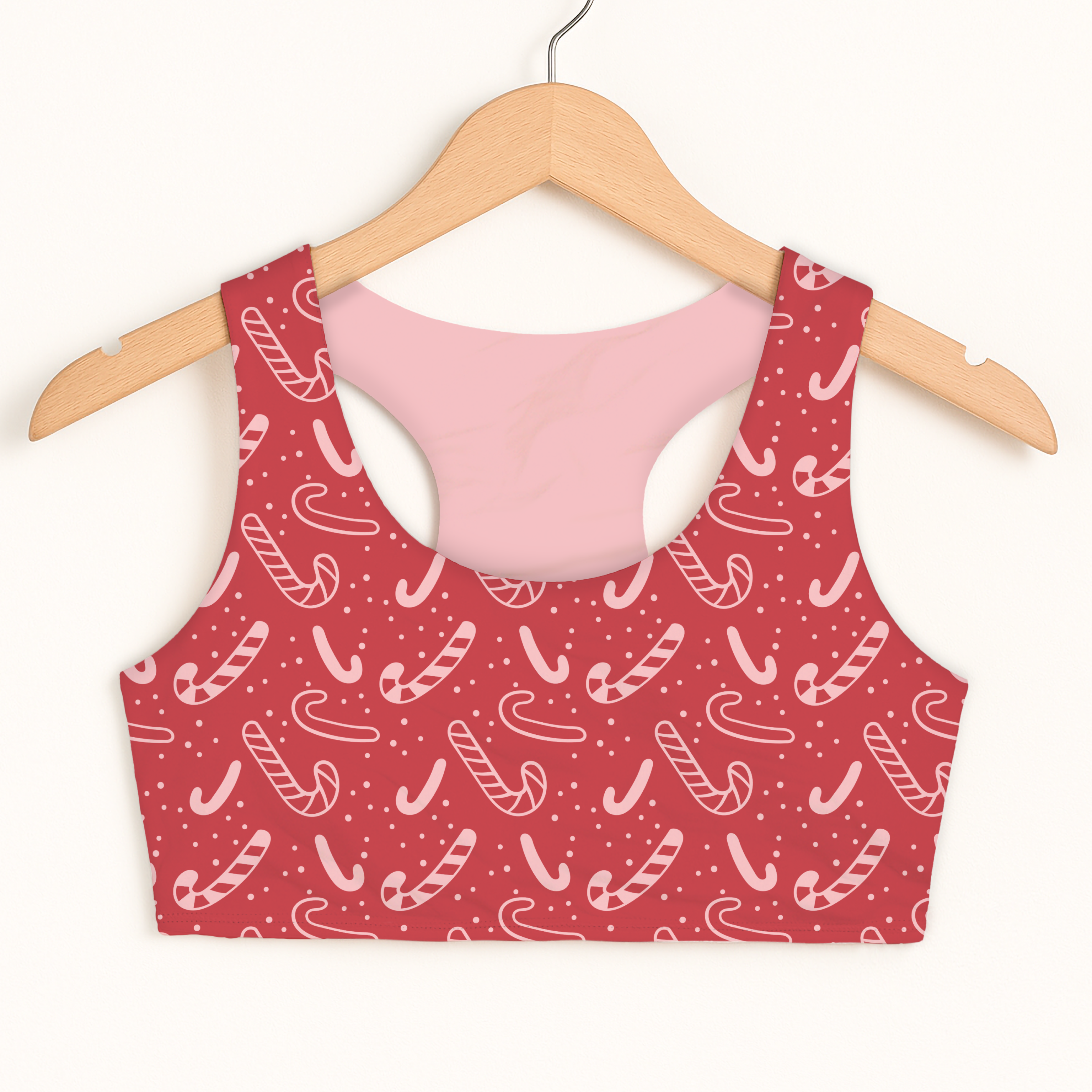Girls red candy cane christmas sports bra with white patterns pink inner lining quick drying double layered comfort