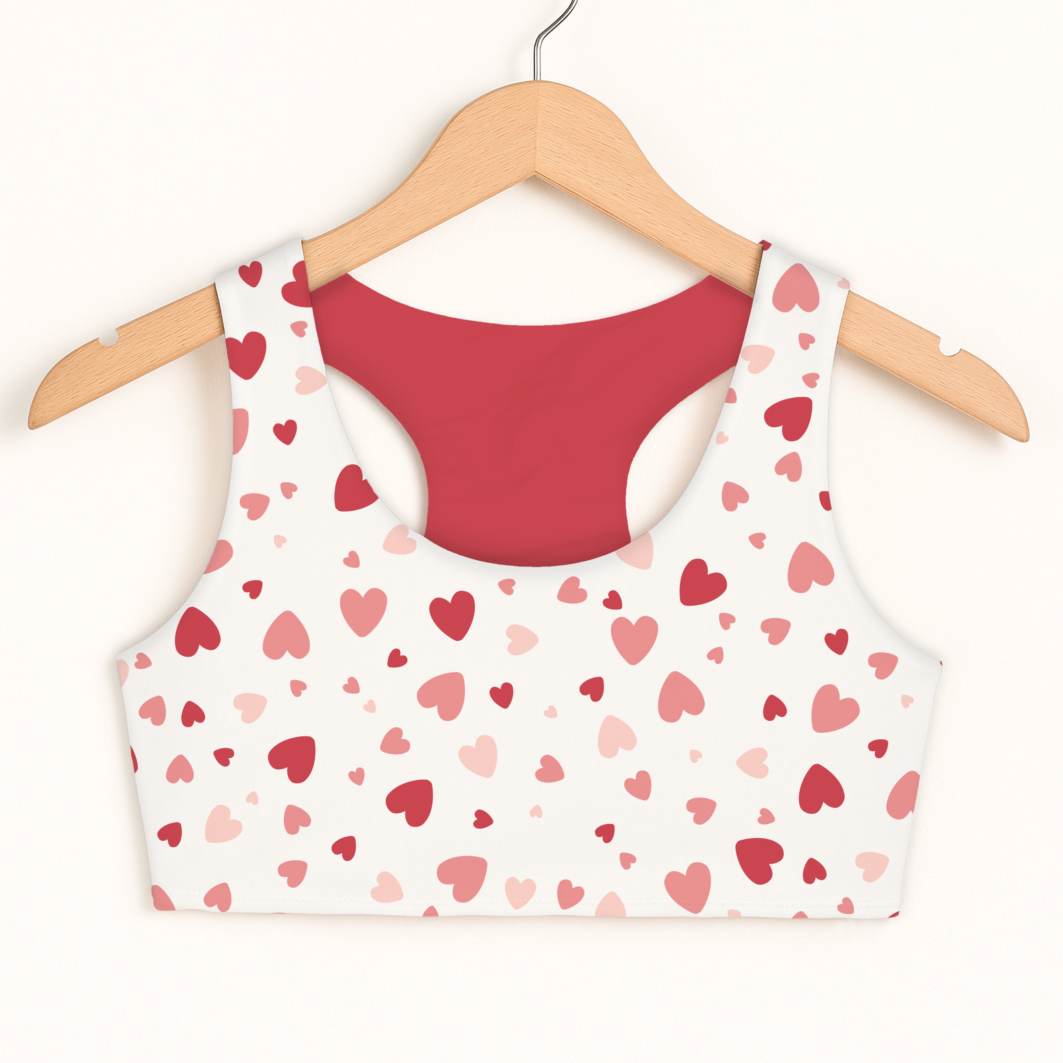Girls red hearts white sports bra with red interior double layered comfort and quick drying fabric design